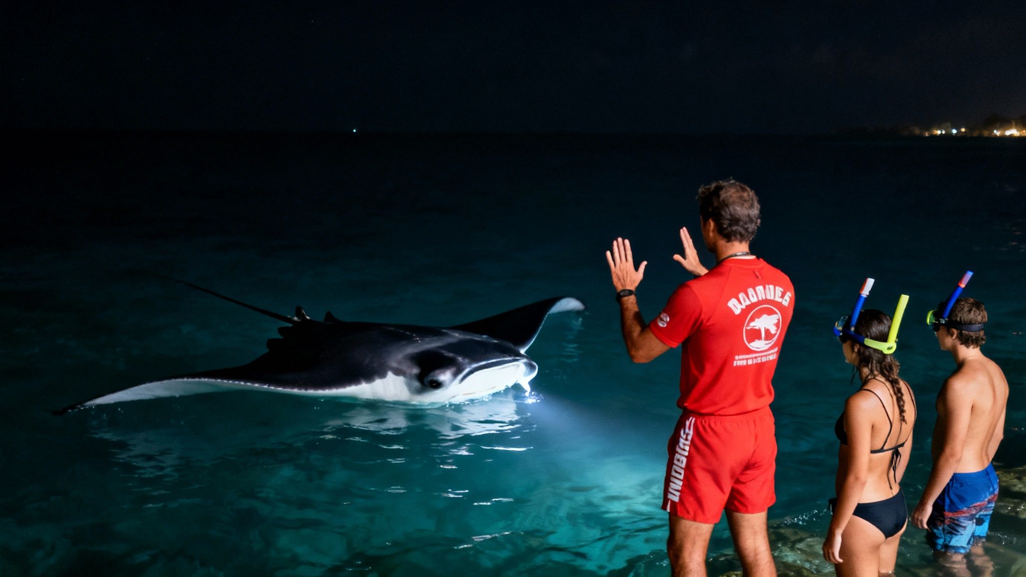 Guide and snorkelers watch a majestic manta ray illuminated at night in clear ocean water.