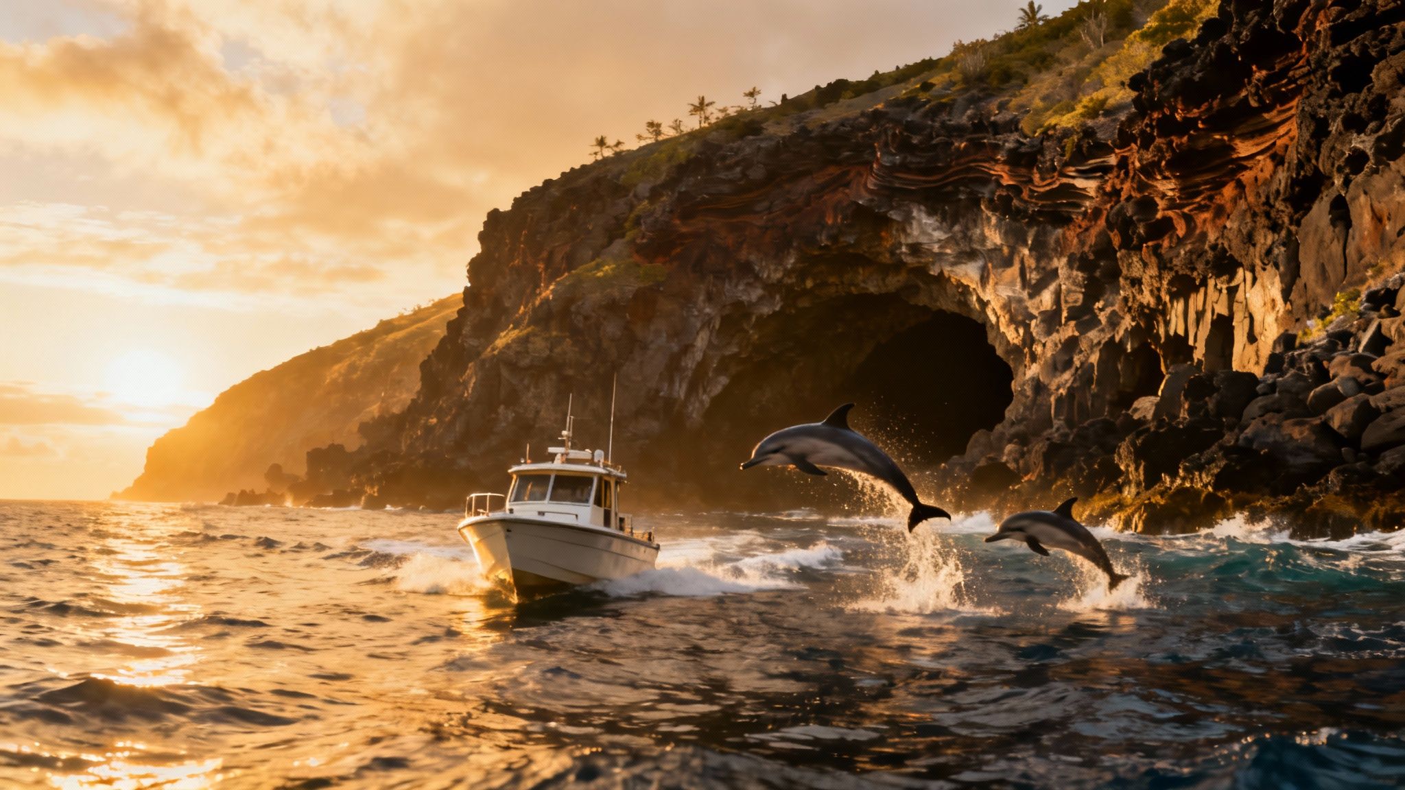 A boat on the clear turquoise water in front of the Captain Cook Monument in Kealakekua Bay, Hawaii