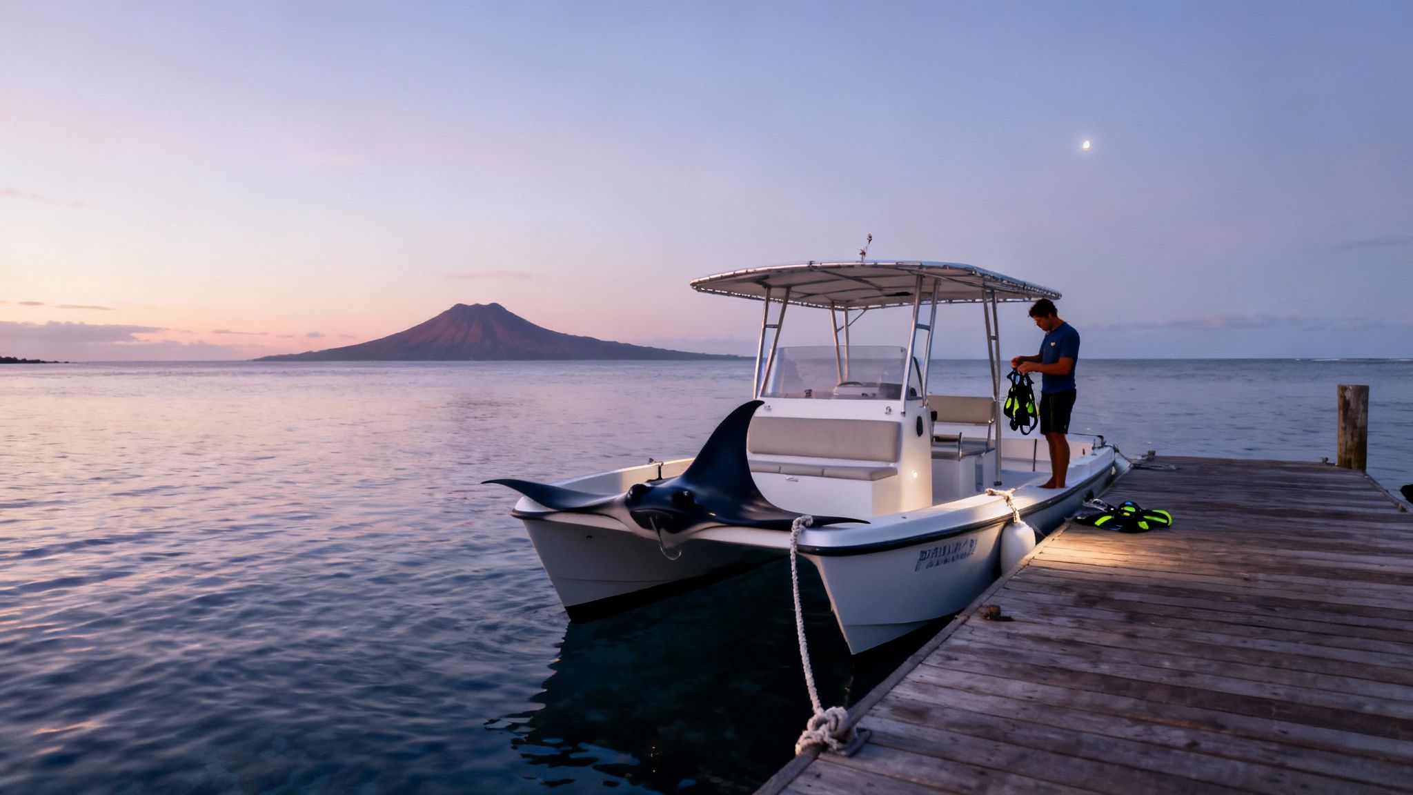 A manta ray gracefully swims near the surface at night with snorkelers visible above.