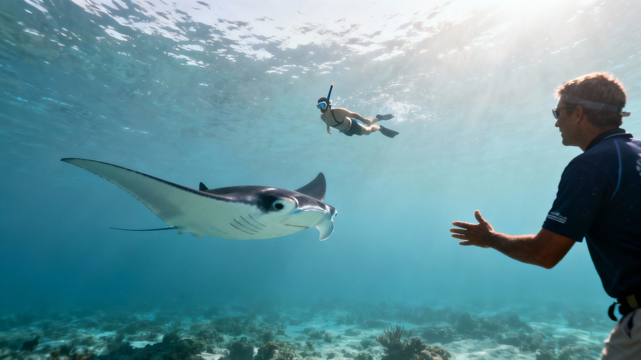 Underwater view of a majestic manta ray swimming past a snorkeler and a guide.