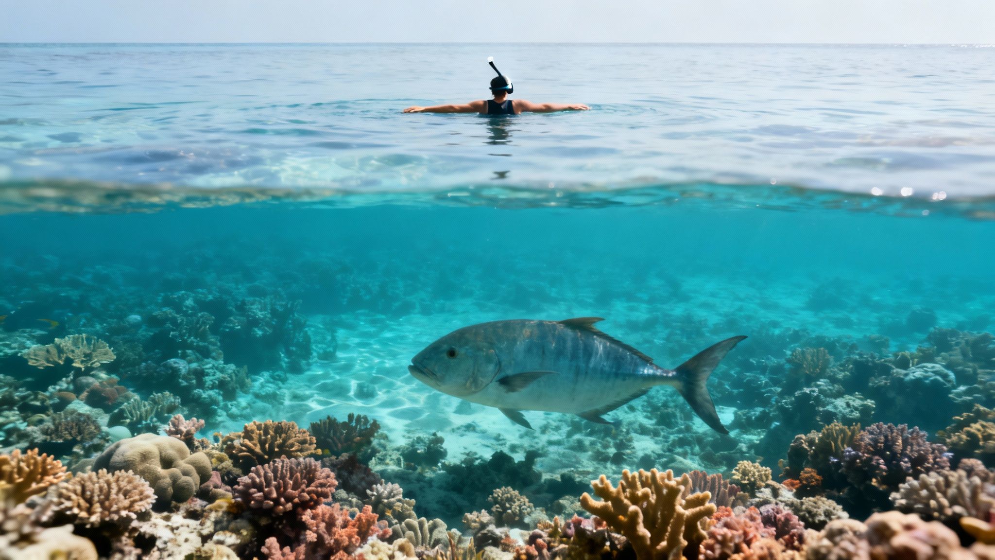 Snorkelers exploring a vibrant coral reef on the Big Island.