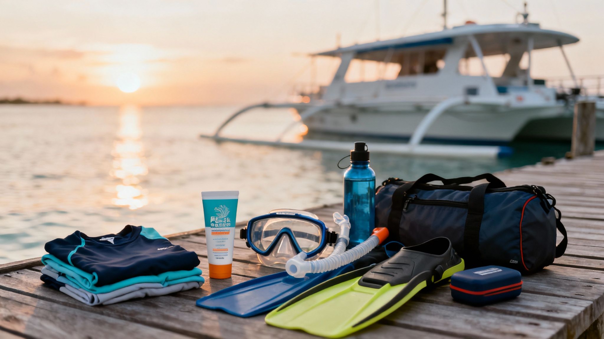 Snorkeling gear including mask, snorkel, fins and sunscreen arranged on dock near catamaran boat