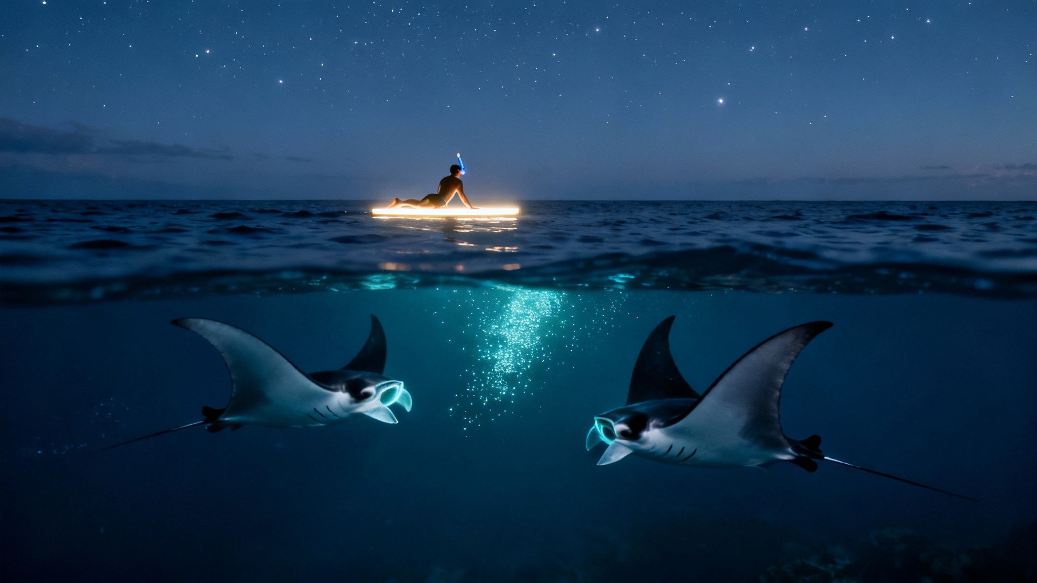 A person on a glowing paddleboard observes two majestic manta rays swimming under a starlit night.