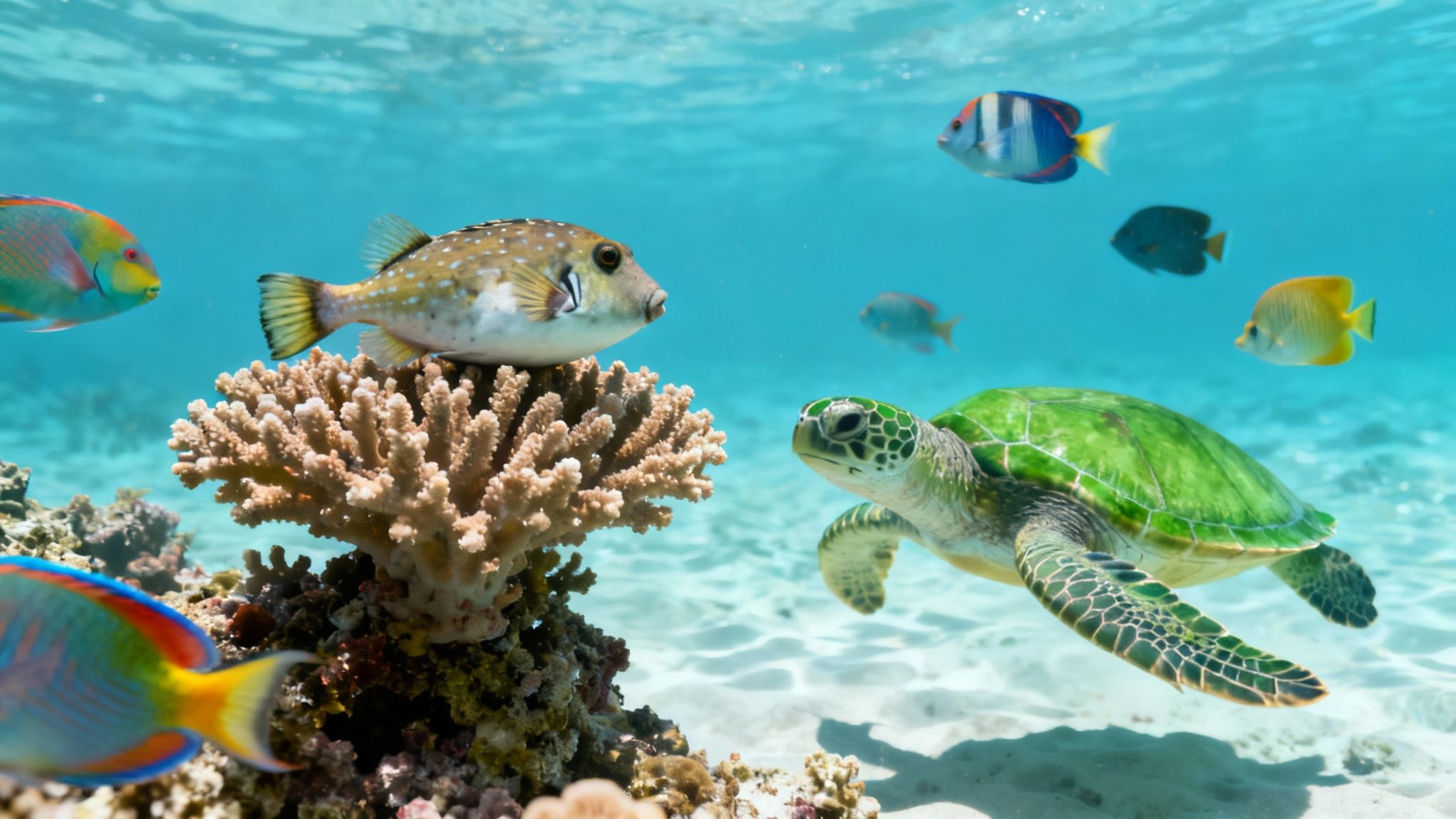 An underwater scene with a green sea turtle, colorful fish, and coral reef.