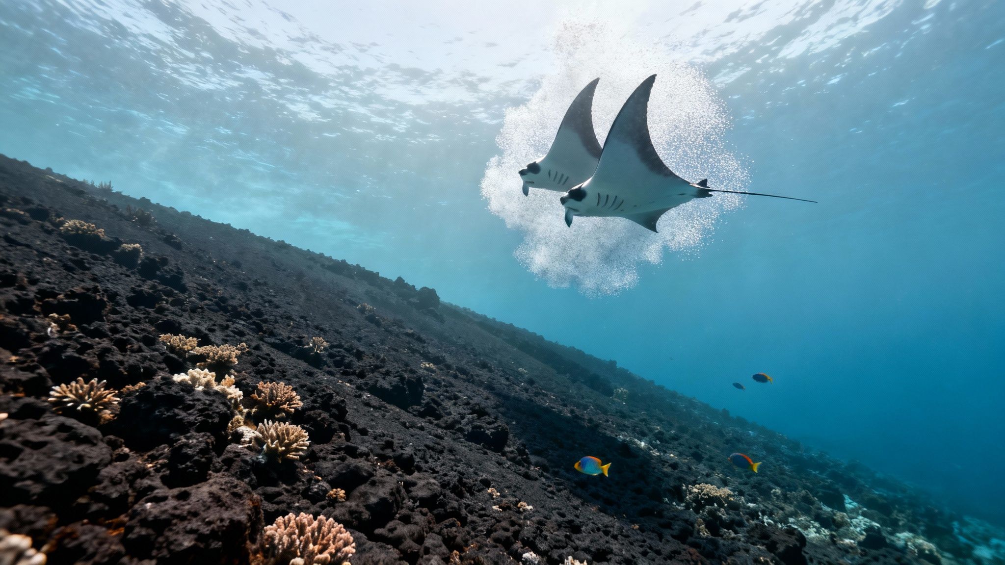 Two majestic manta rays swim gracefully underwater, surrounded by sunlight and bubbles above a dark seabed with coral.