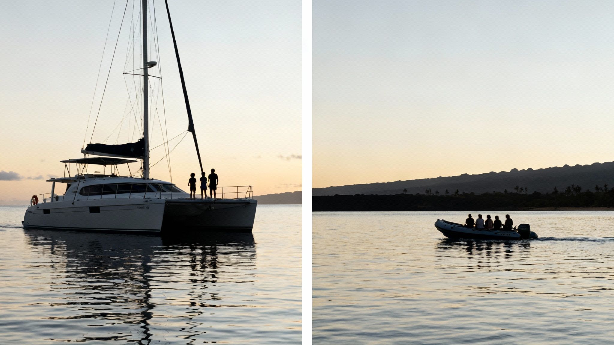 Silhouetted people on a catamaran and a small boat on calm ocean water at sunset.