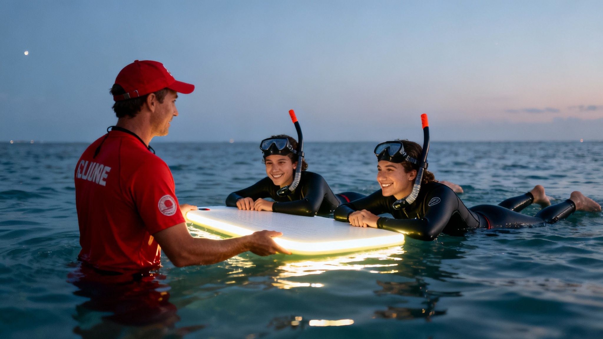 Man in red shirt teaching two young women in wetsuits and snorkels how to use a glowing board in the ocean at dusk.