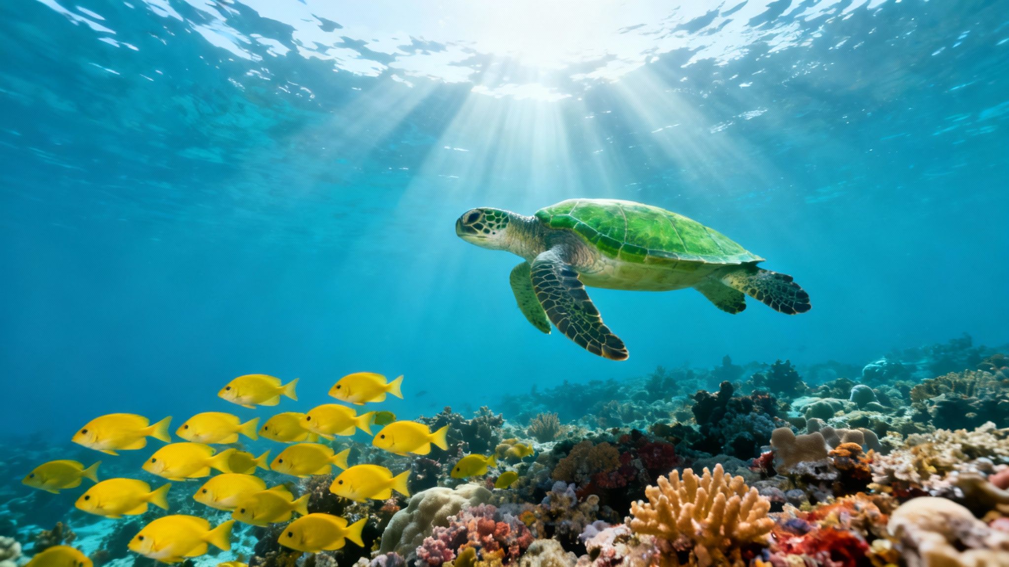 Vibrant yellow tang fish swimming over a coral reef in Kealakekua Bay