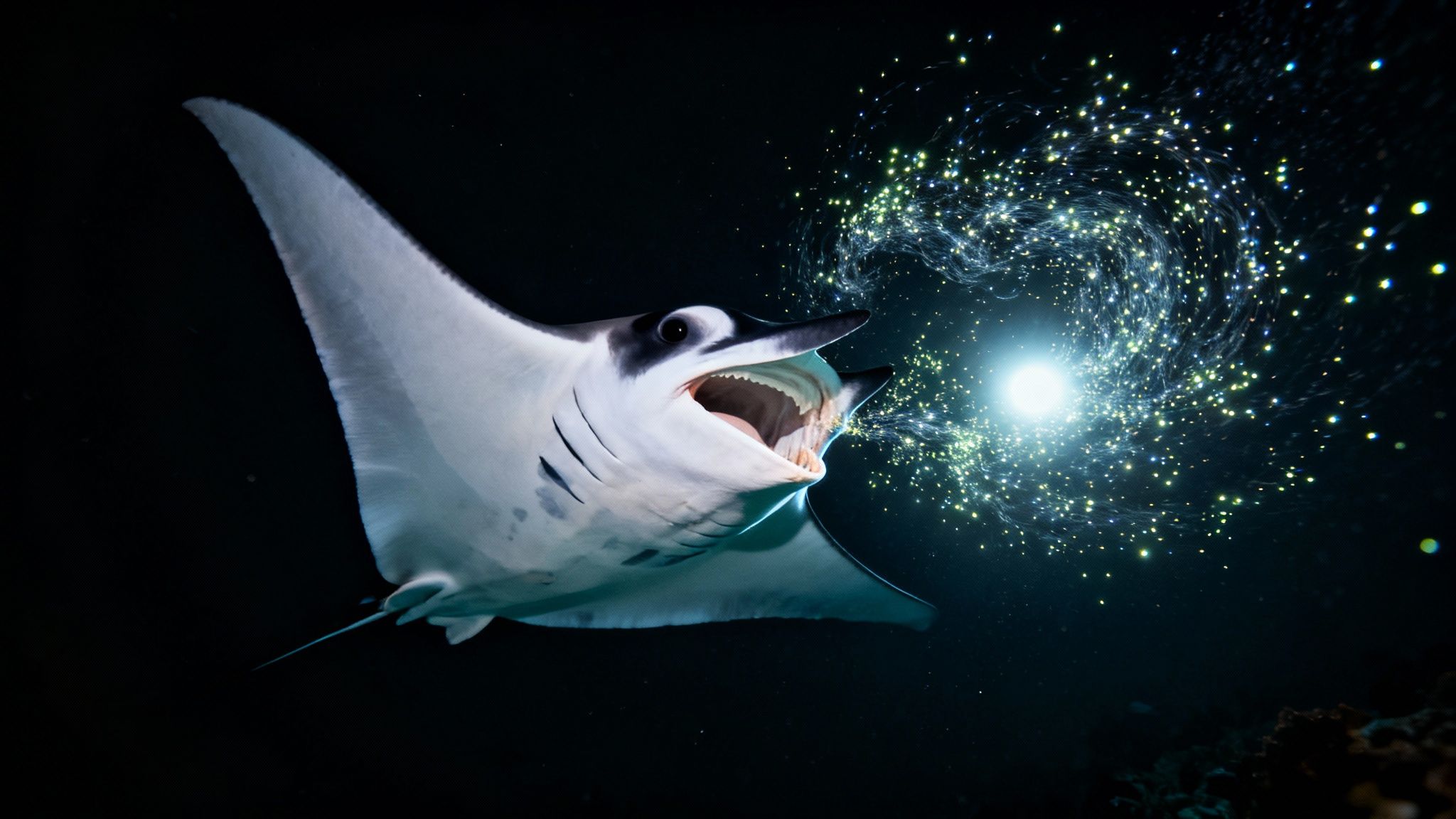 A majestic manta ray with an open mouth swims towards a bright, swirling vortex of light in the dark ocean.