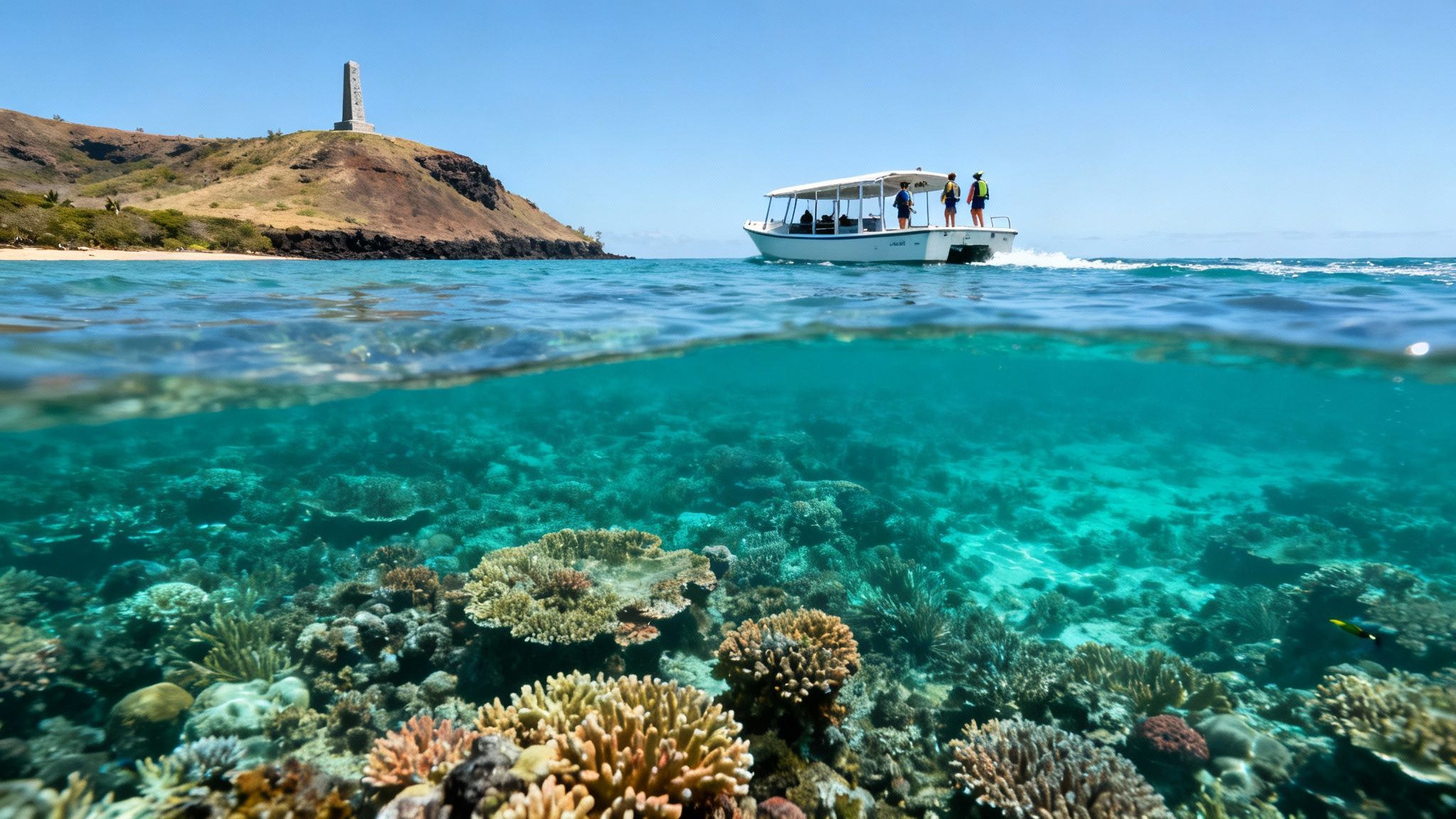 Split-level view showing a boat, snorkelers, and a monument above, with a vibrant coral reef below.