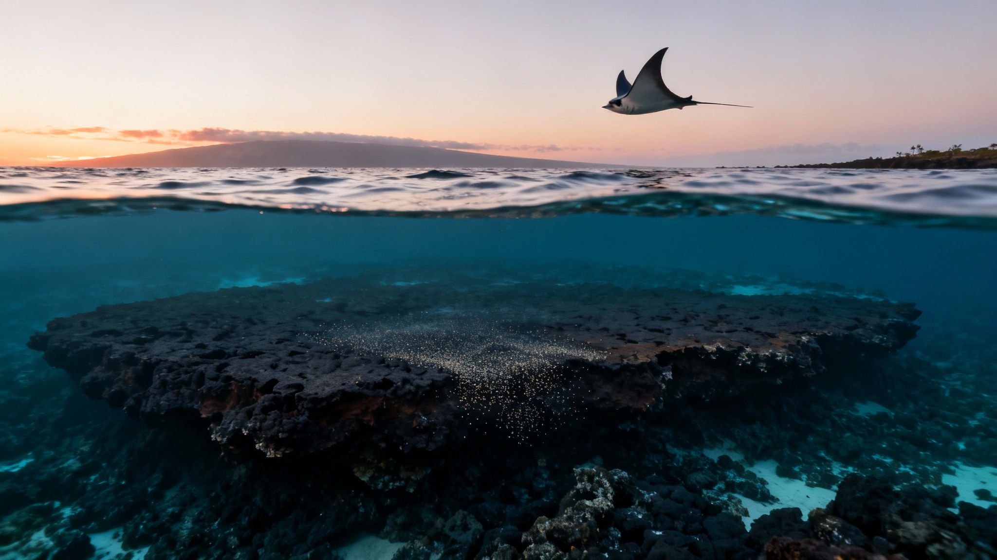 A stunning split-level shot of a manta ray leaping above the ocean at sunset, with a vibrant coral reef below.