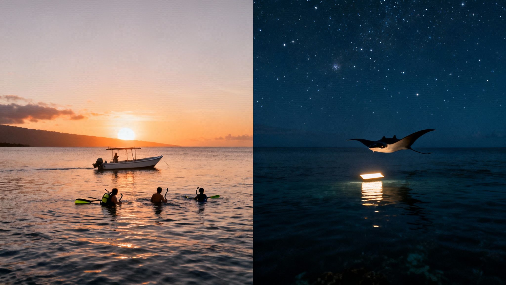 A stunning diptych: sunset over ocean with snorkelers, and a manta ray swimming under starry night sky.
