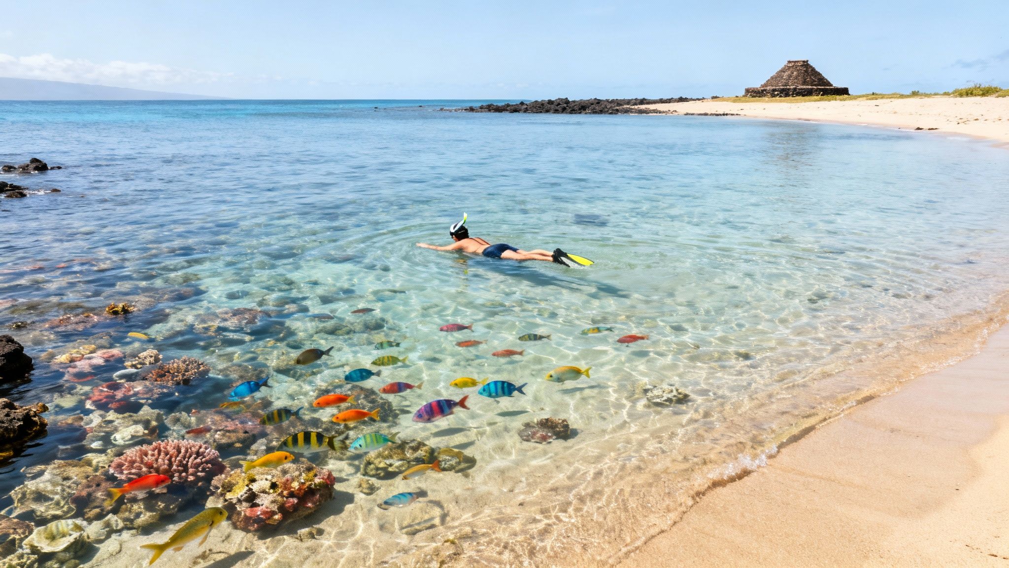 A person snorkels in crystal-clear Hawaiian waters, surrounded by colorful coral and tropical fish.