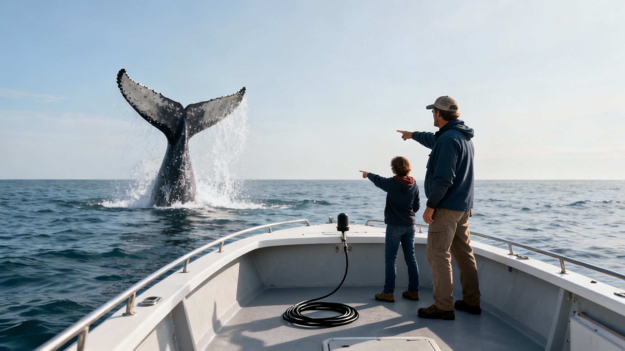 Adult and child pointing at humpback whale tail breaching during whale watching tour from boat