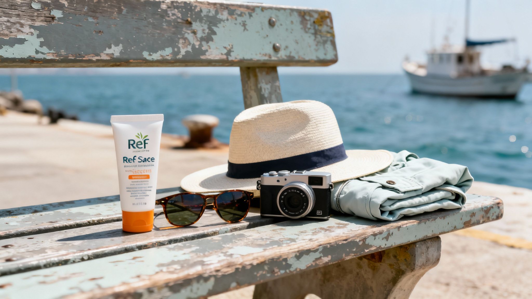 Travel essentials including sunscreen, hat, camera, and sunglasses on a bench by the sea with a boat.