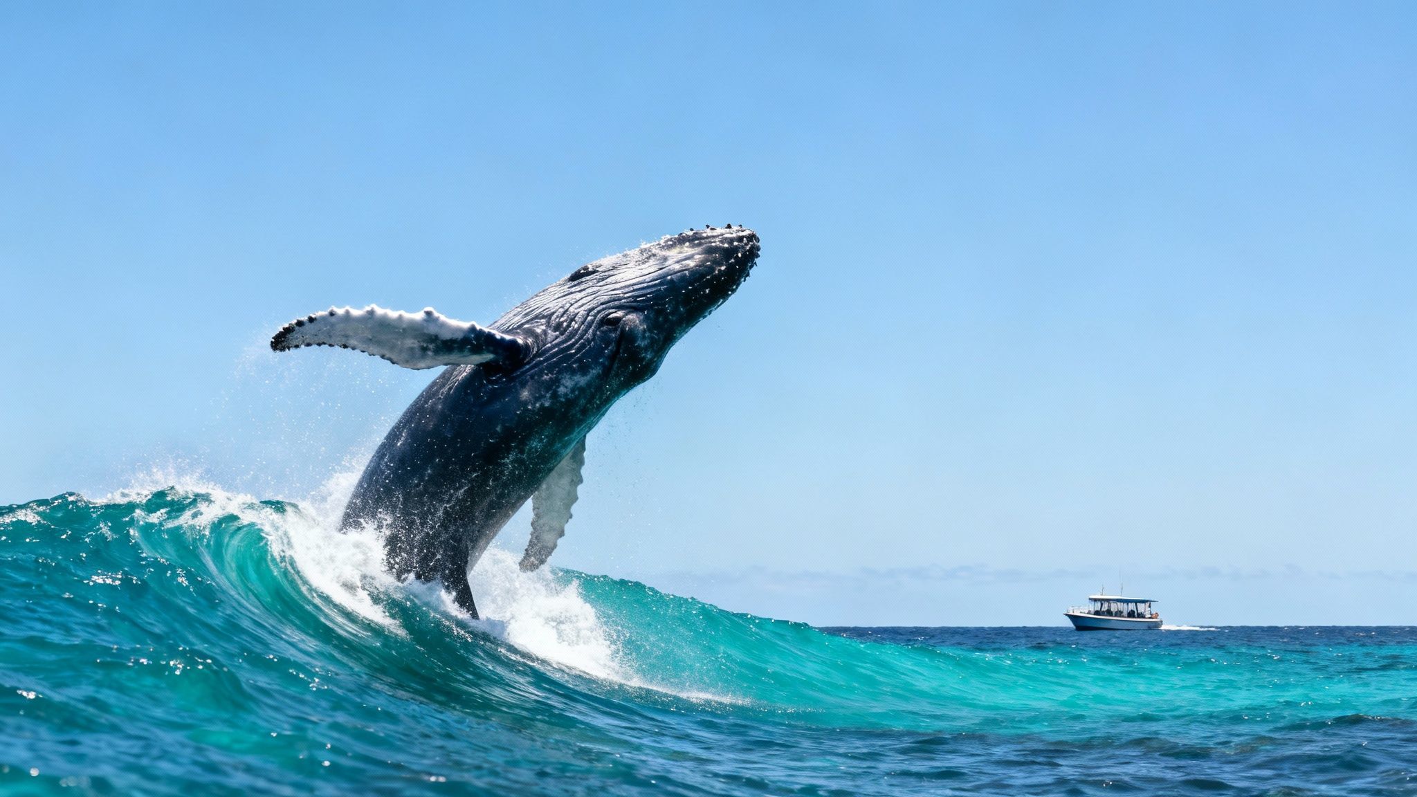 A humpback whale breaching dramatically out of the water near a tour boat on the Kona coast.
