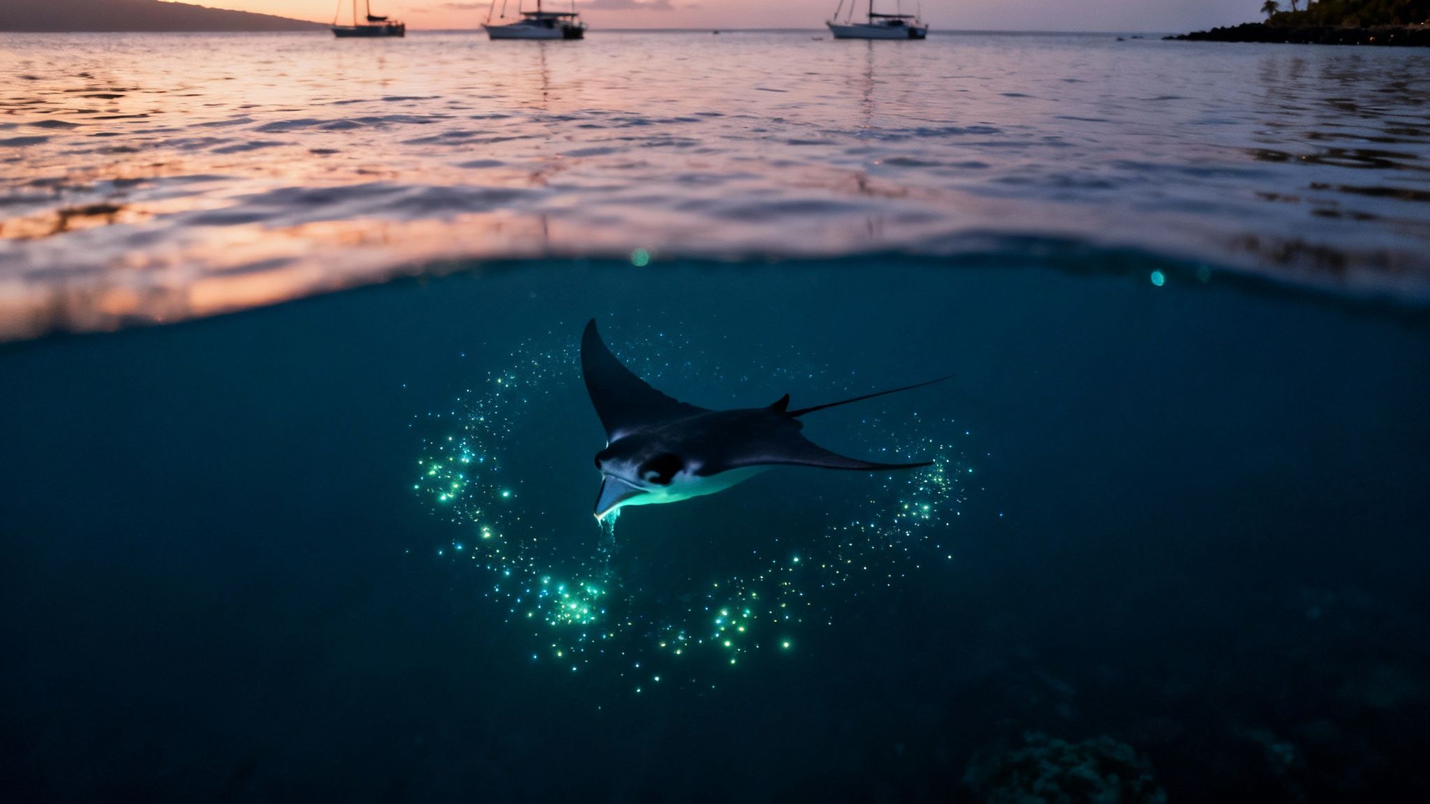 A majestic manta ray swims underwater at sunset, surrounded by glowing bioluminescent plankton with sailboats on the surface.