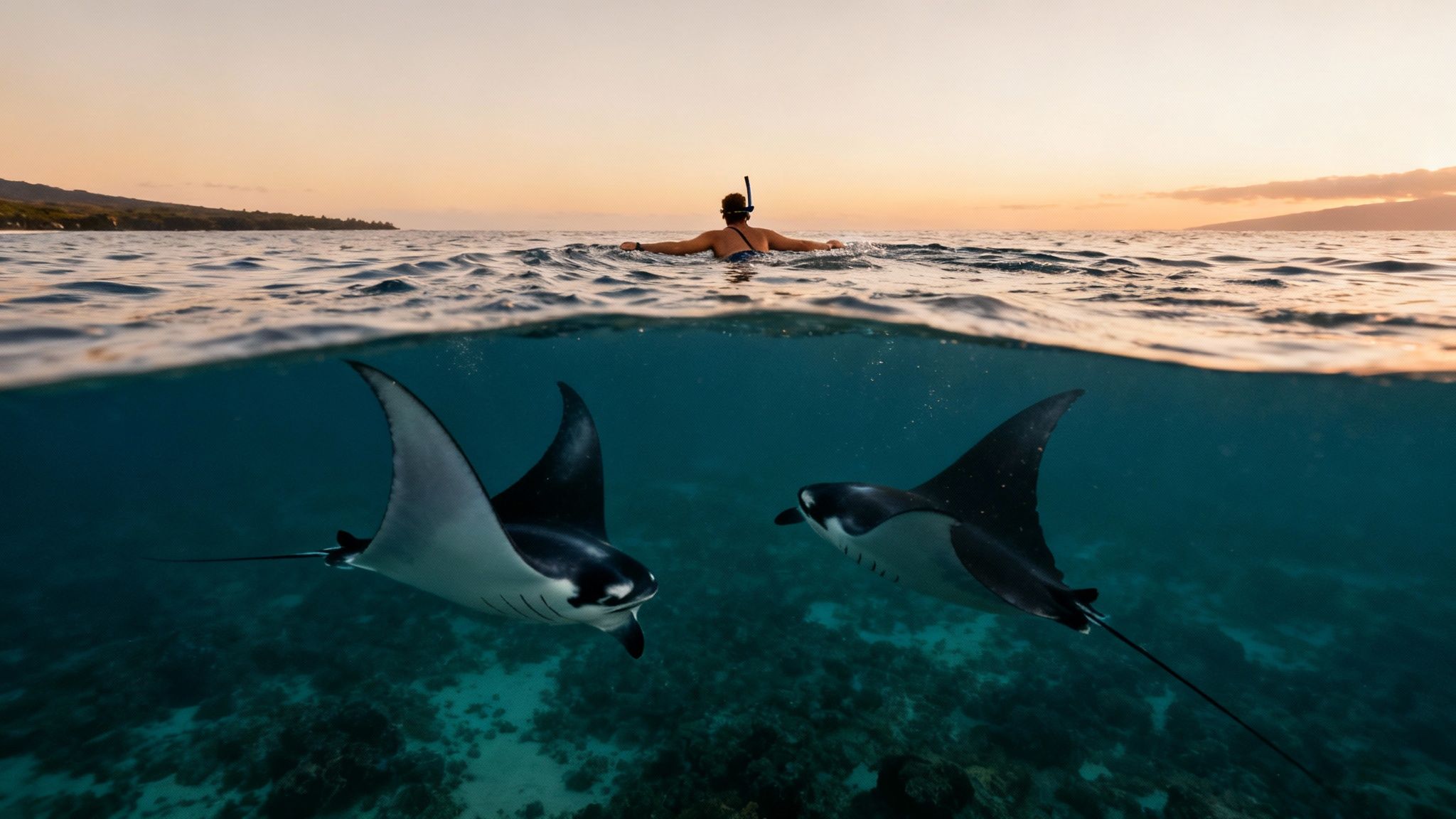 A split-level view of a snorkeler watching two manta rays swim underwater at sunset.
