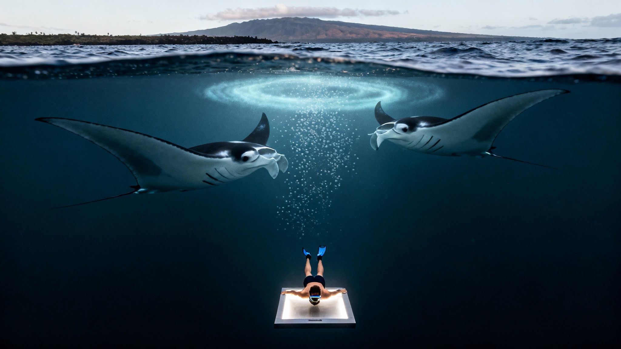 A diver on a glowing platform interacts with two manta rays underwater, with an island above.