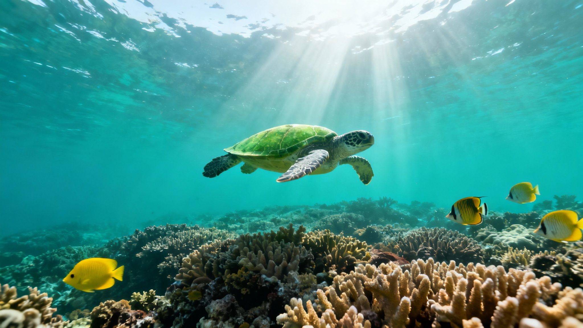 A vibrant green sea turtle swims gracefully above a colorful coral reef, bathed in sunlight.