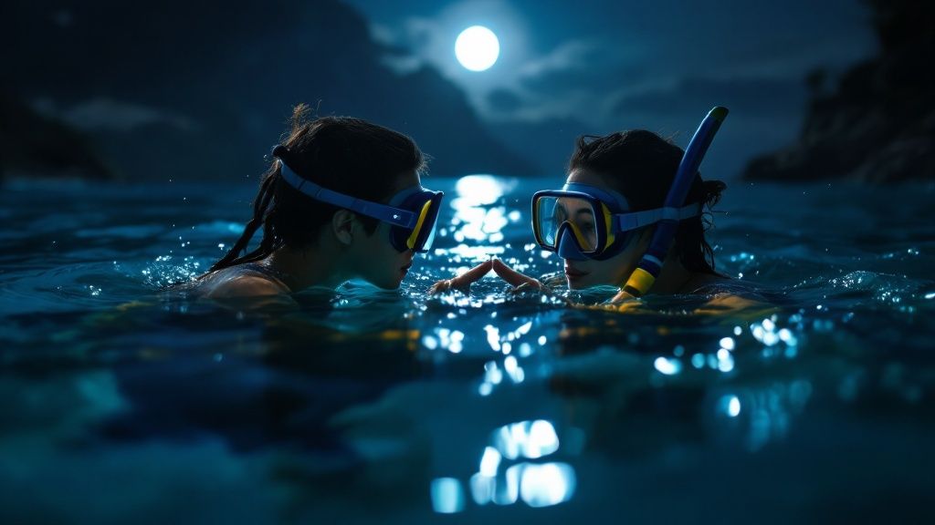 A group of snorkelers floating at the surface at night, watching manta rays feed below them.