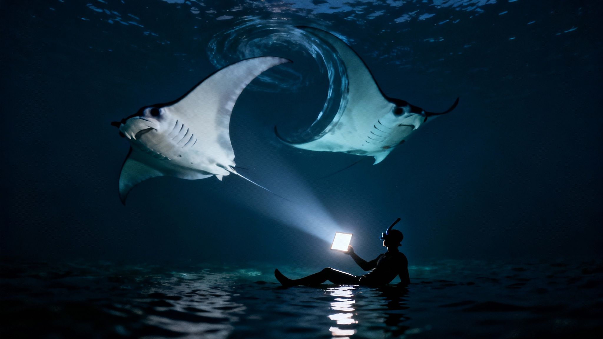 Giant manta ray gracefully swimming at night under a light board.