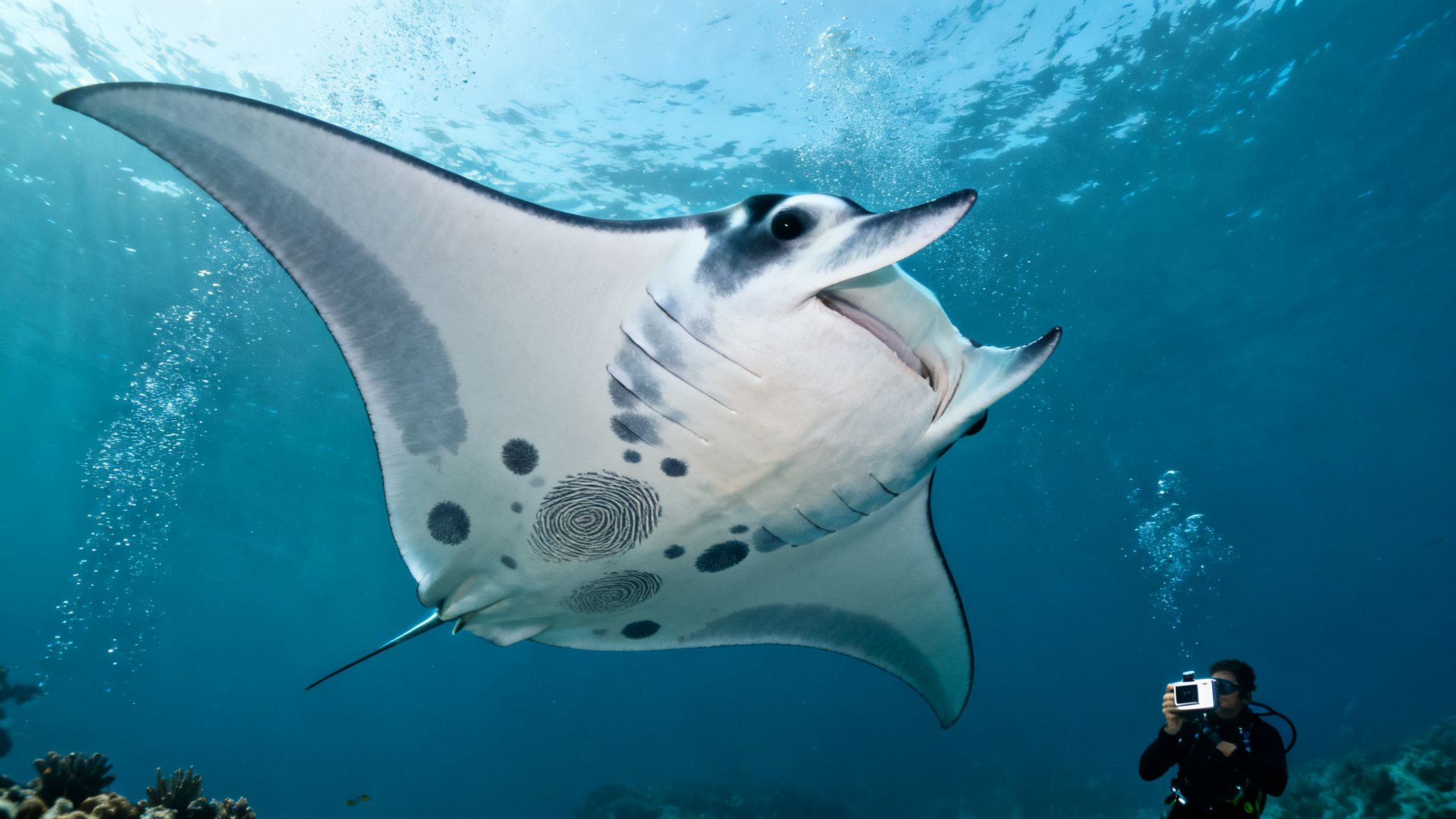 A magnificent manta ray with distinctive markings swims past an underwater photographer in clear blue water.