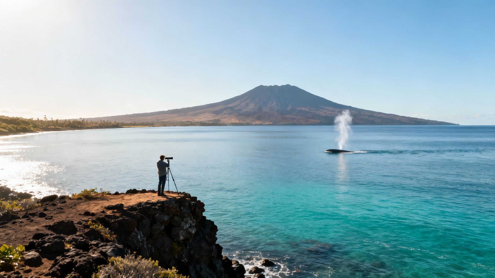 Two humpback whales, one larger and one smaller, breach in unison off the coast of the Big Island.