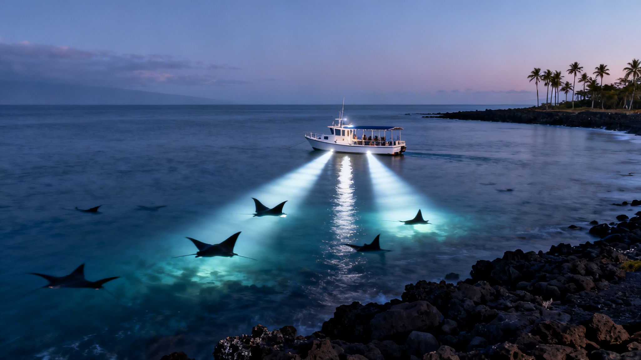 A tour boat uses spotlights to illuminate several manta rays swimming in the ocean at dusk near a rocky shore.