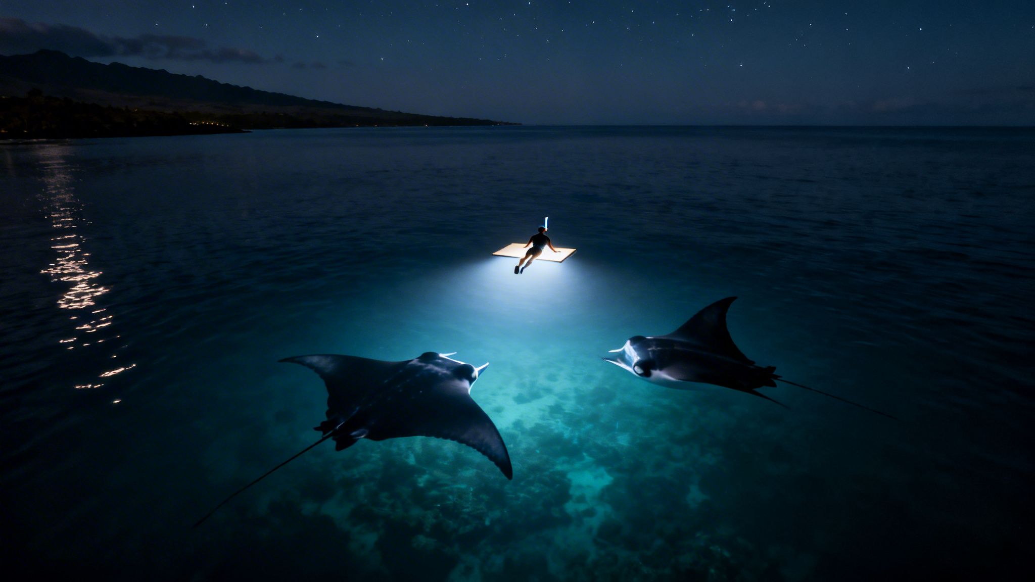 Person on a lit platform at night in the ocean, observing two manta rays under a starry sky.