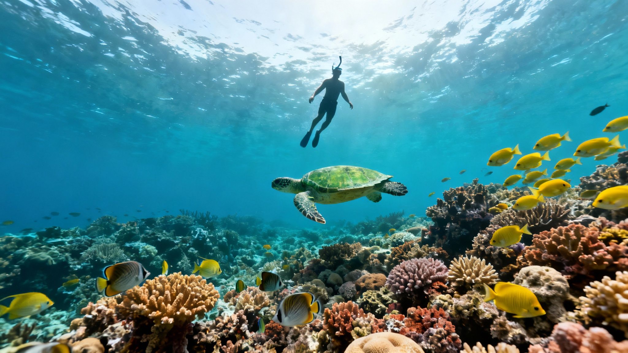 A snorkeler swims above a green sea turtle near a colorful coral reef teeming with yellow fish.