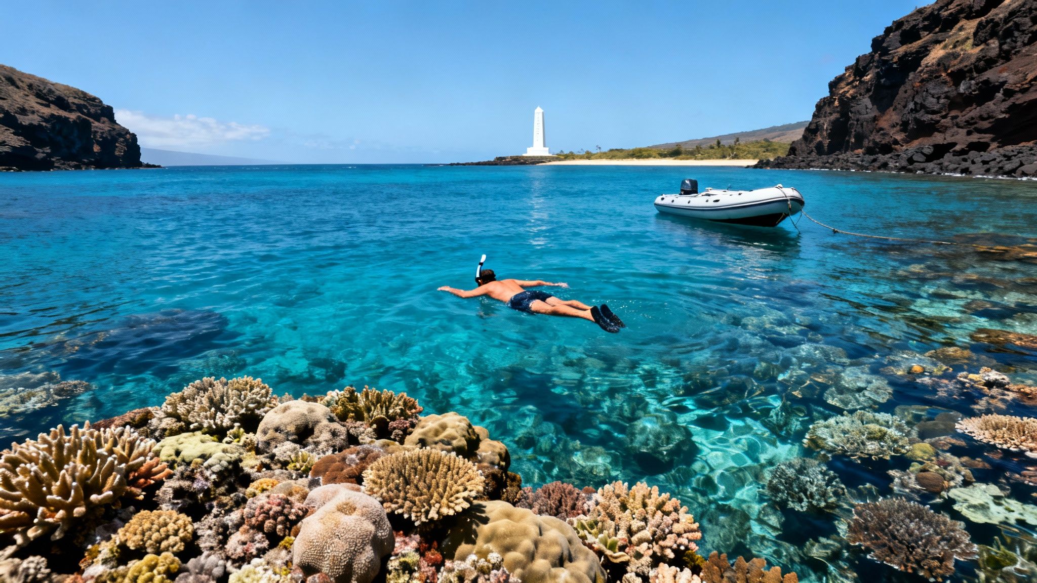 Snorkeler exploring a vibrant coral reef in clear blue ocean with a lighthouse in the background.
