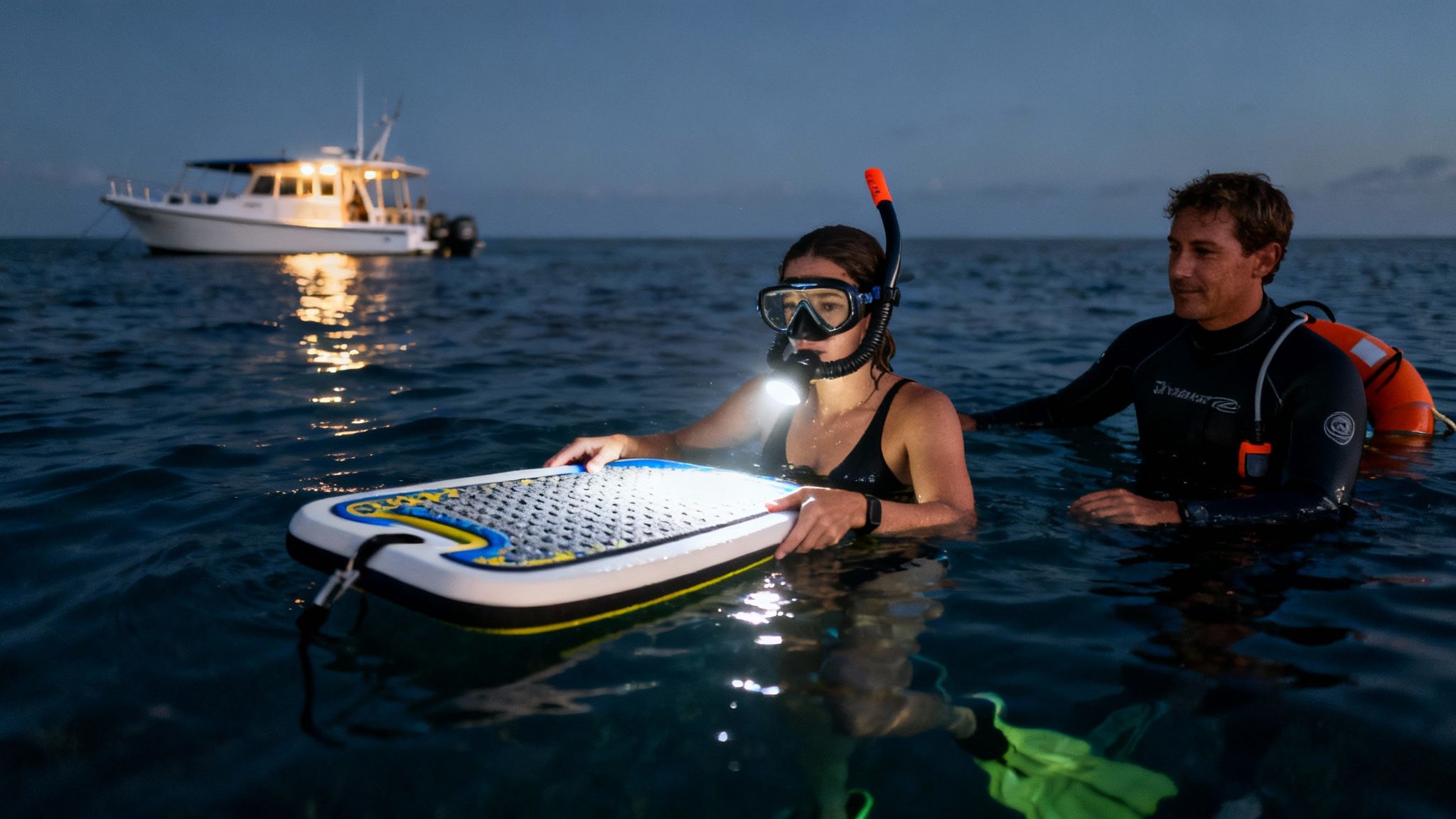 Woman with lighted snorkel gear and man in wetsuit prepare for night snorkeling near a boat.