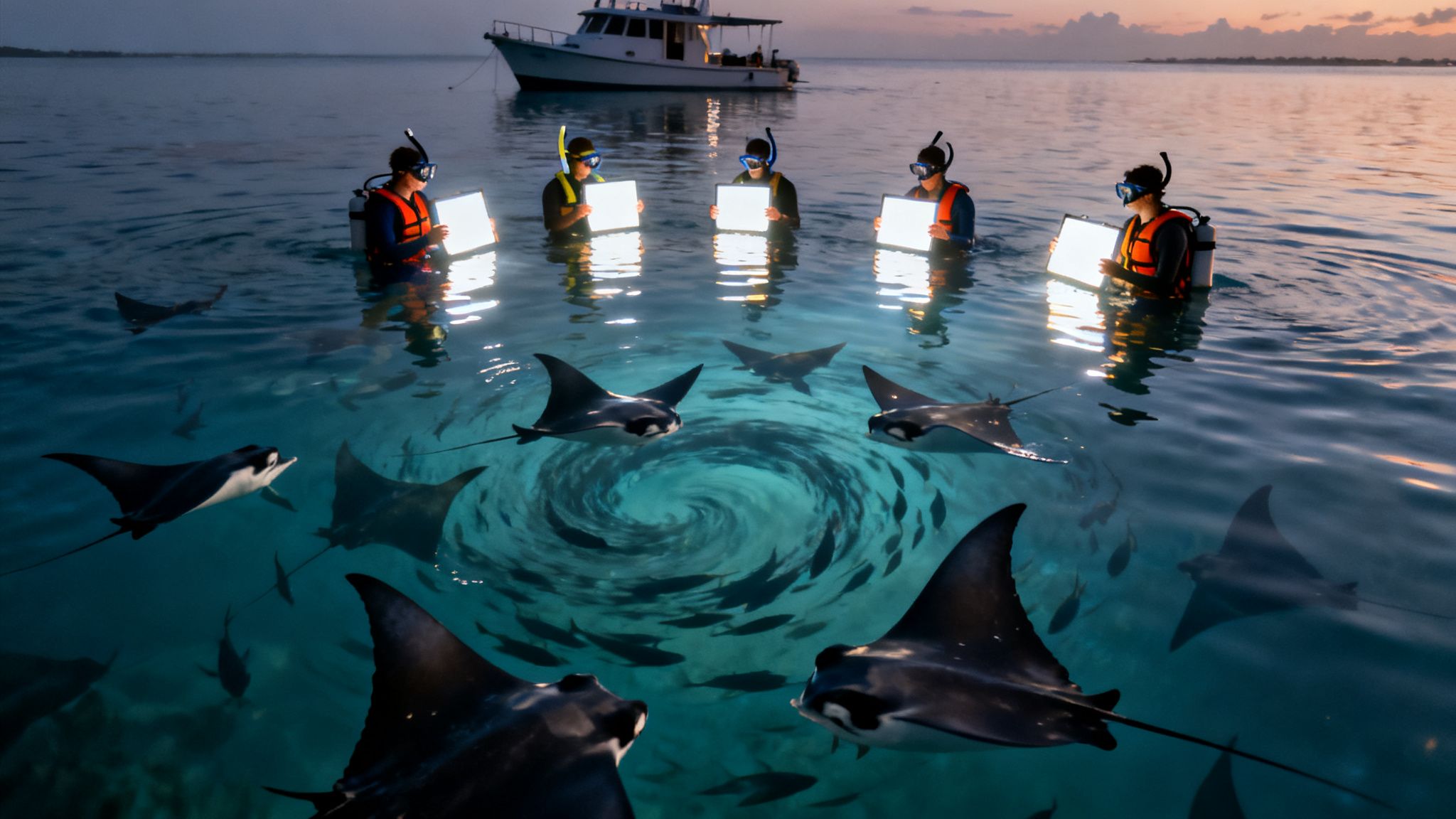 Five people with dive gear and lights attract manta rays and fish during a night swim.