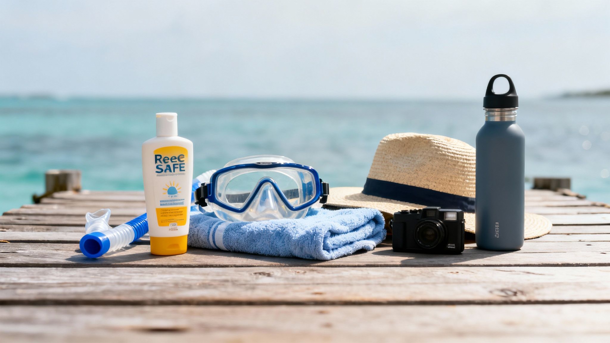 Beach essentials on a wooden pier: sunscreen, snorkel, mask, towel, hat, camera, and water bottle.