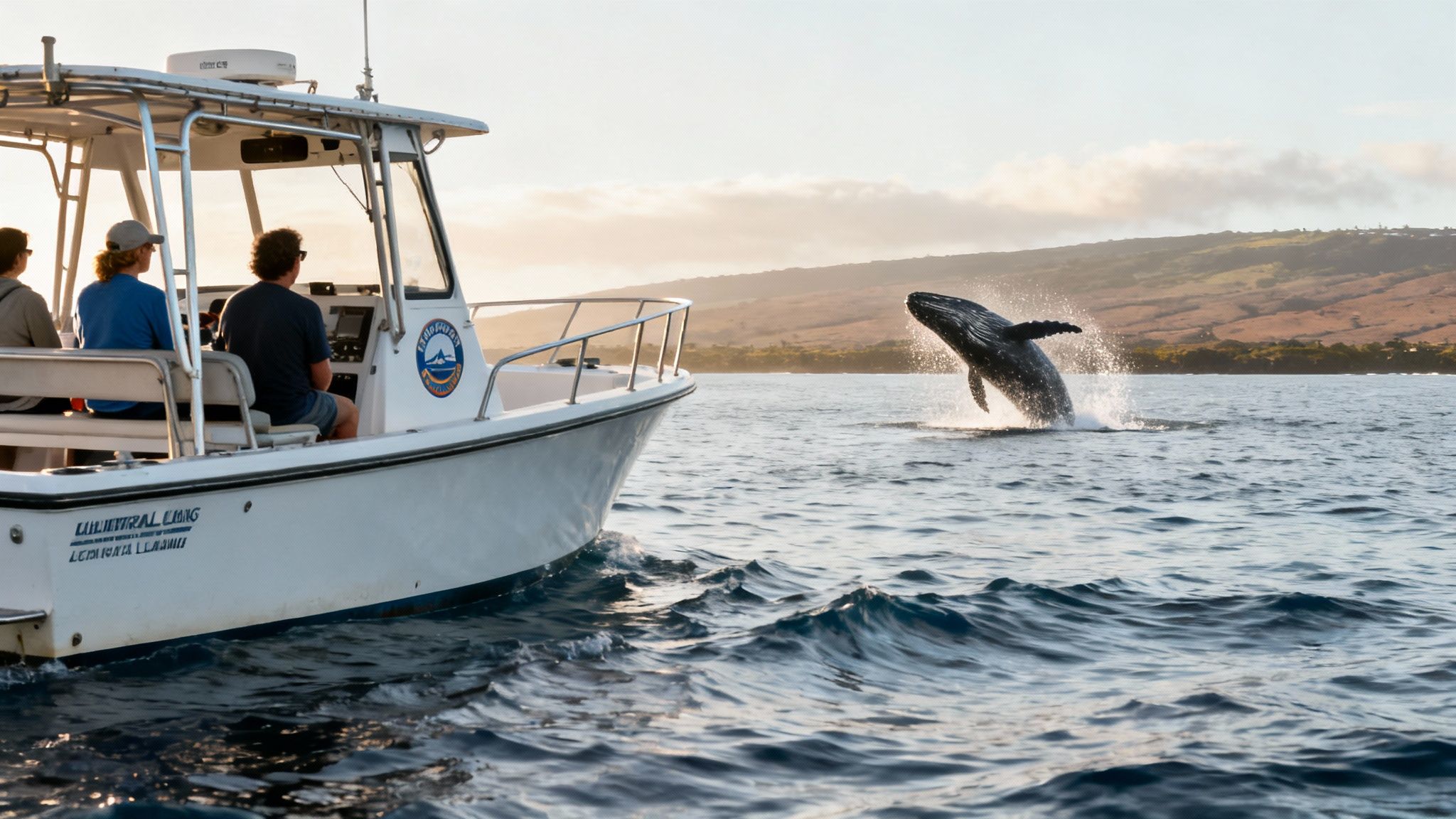 A small tour boat watches as a humpback whale breaches nearby.