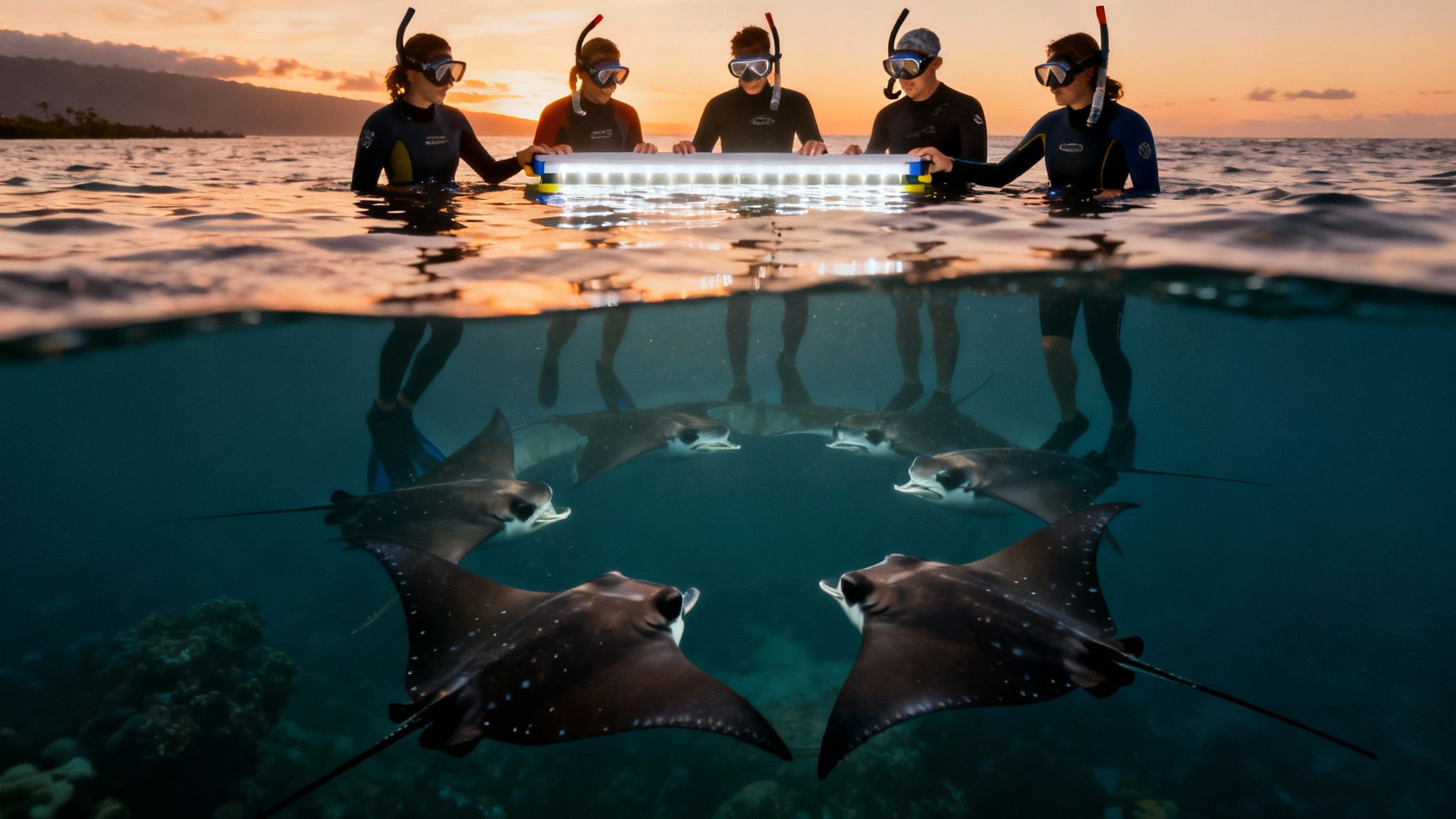 An over-under shot of snorkelers and manta rays illuminated by a light at dusk.