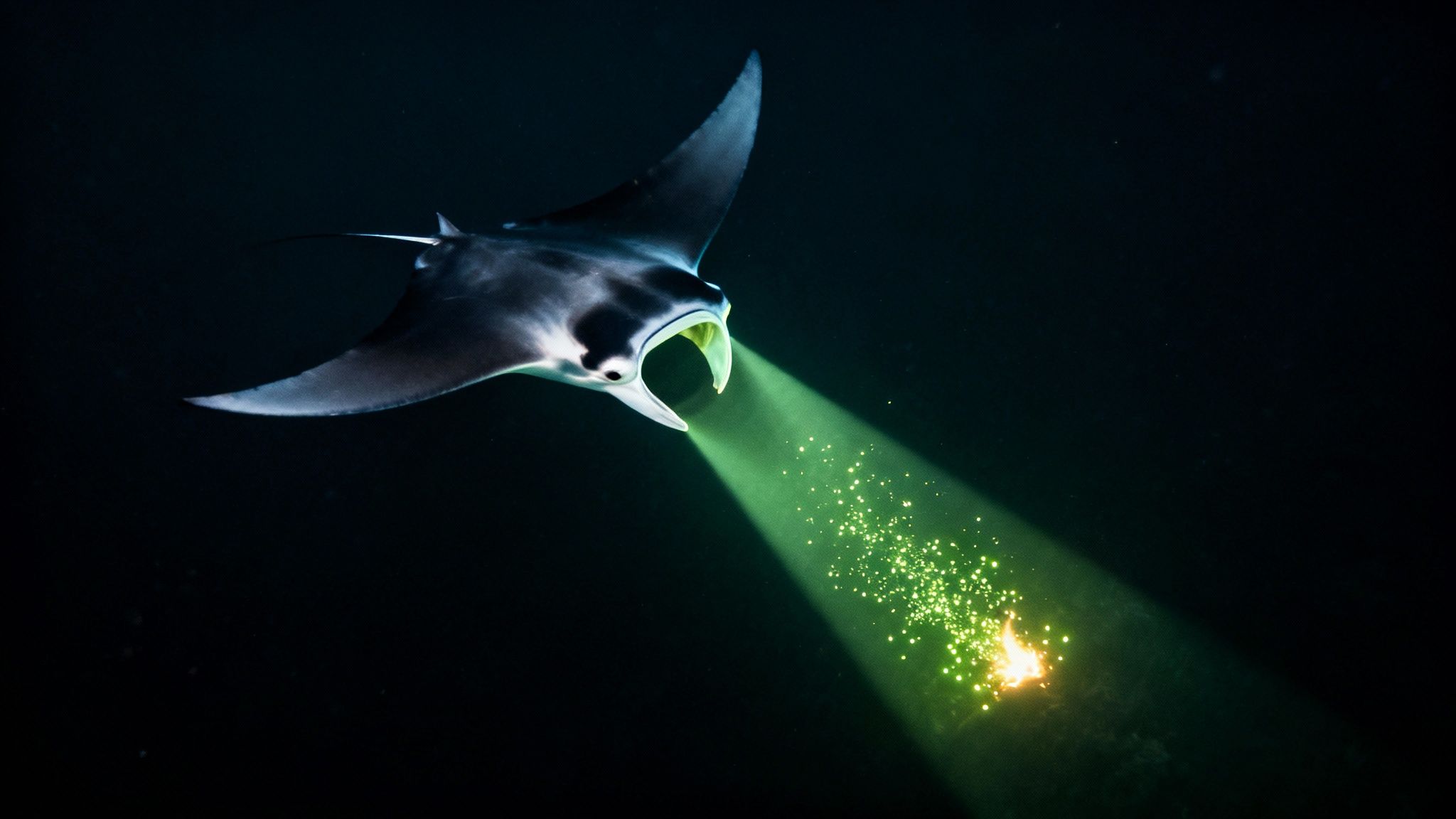 A majestic manta ray glides through dark ocean, mouth agape, illuminating plankton with green light.