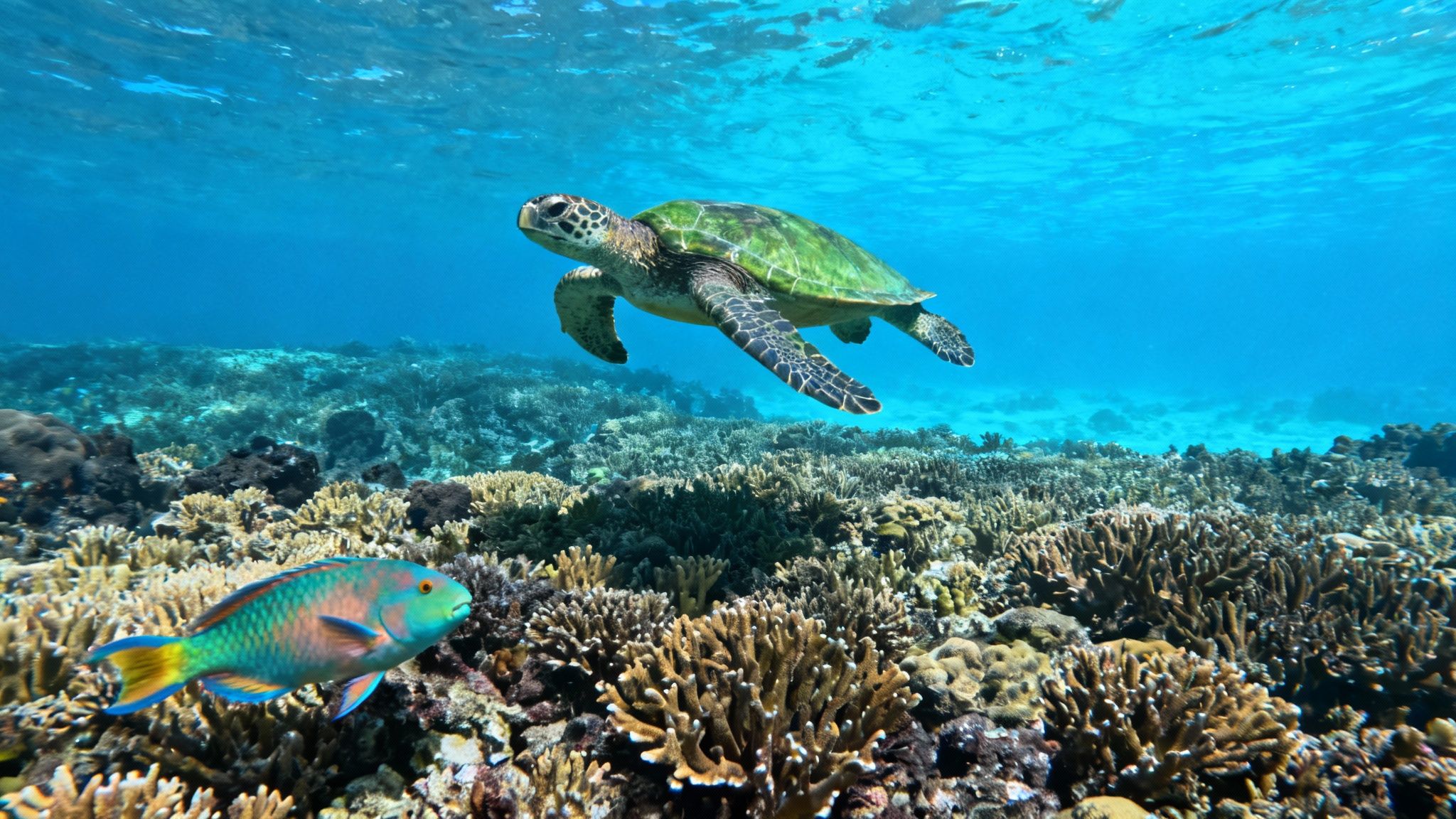 Vibrant underwater reef scene in Kealakekua Bay