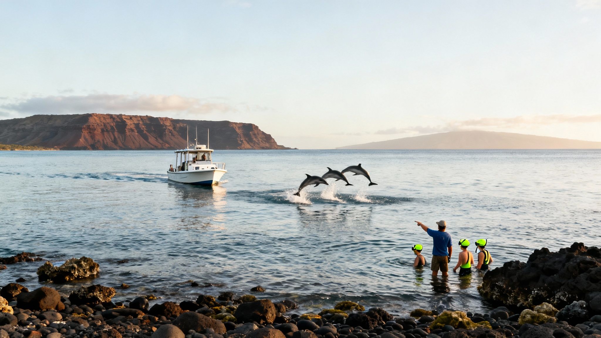 A group of snorkelers enjoying the clear blue waters near the Captain Cook monument in Kealakekua Bay.