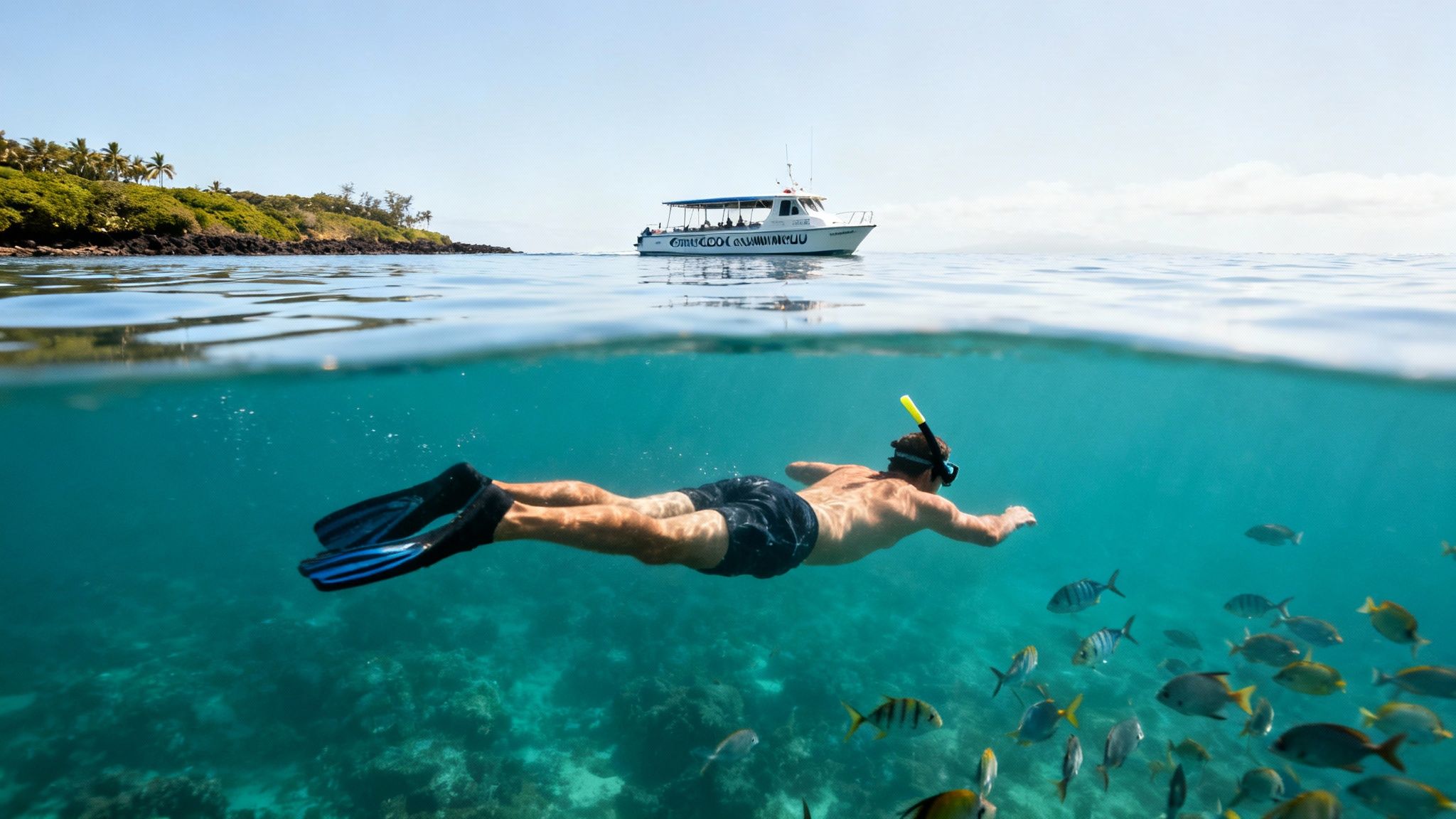 A group of snorkelers enjoying the clear blue waters of Kealakekua Bay near the Captain Cook monument.