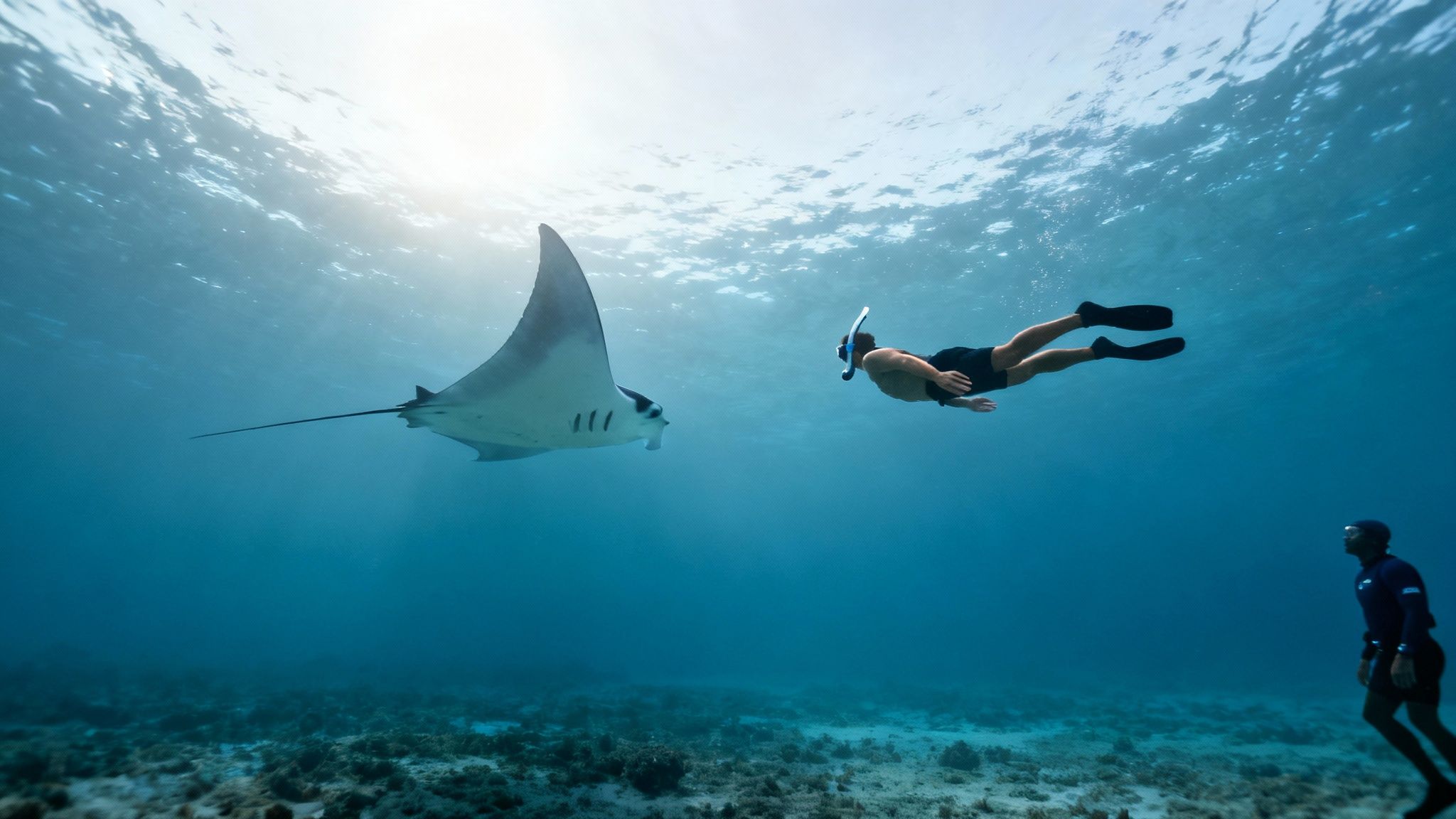 A snorkeler swims near a large manta ray underwater, while another diver watches from below.