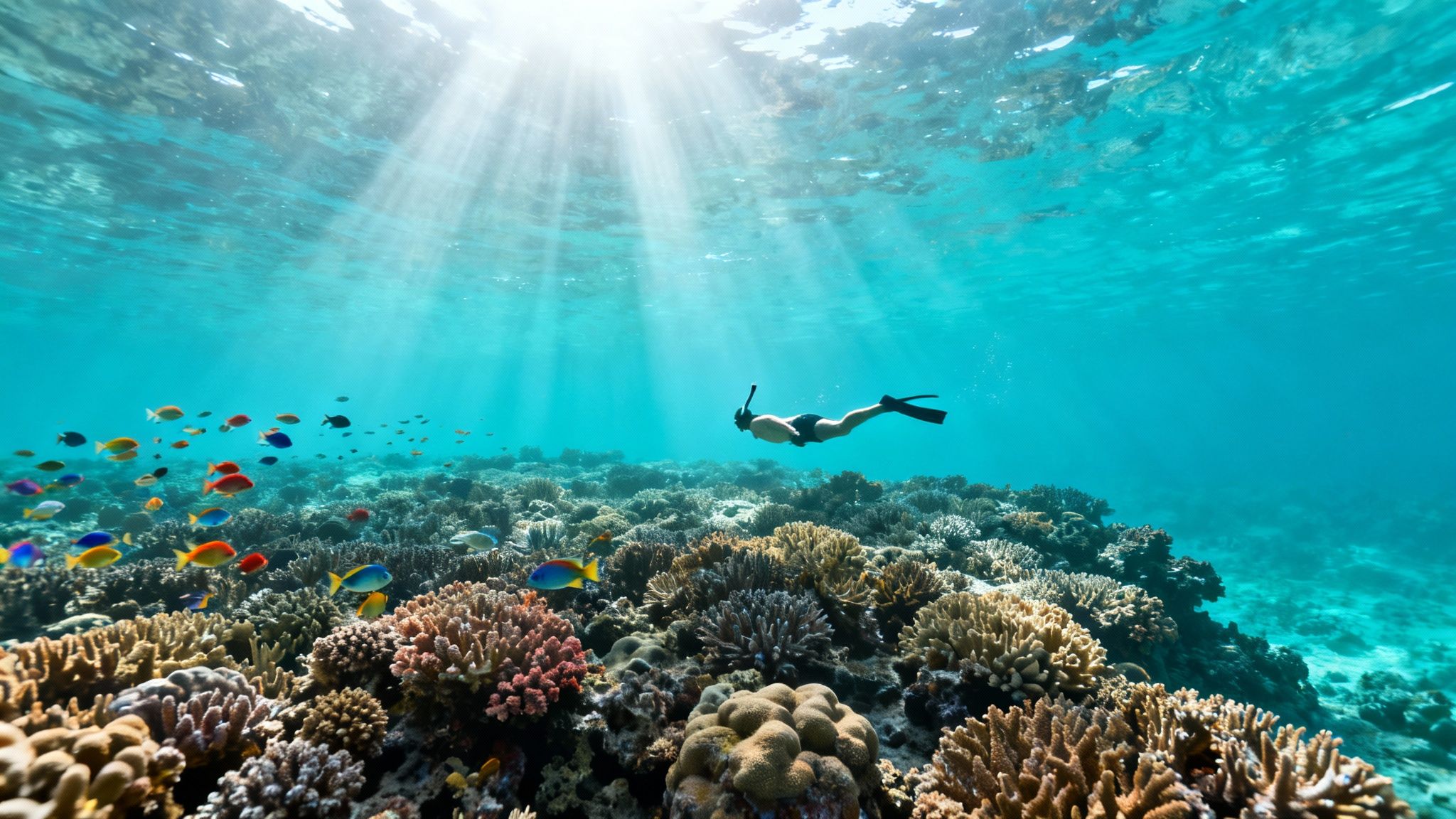 A person snorkeling over a vibrant coral reef with many colorful fish and sun rays.