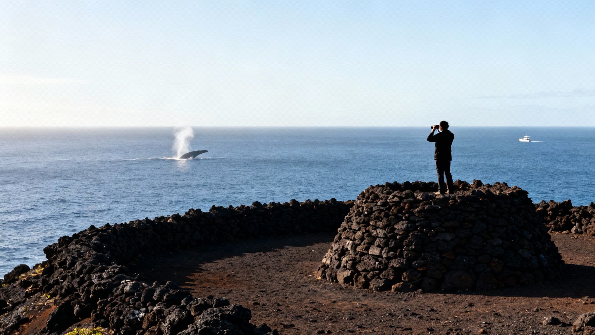 A distant view of a humpback whale breaching from the shoreline of the shoreline of the Big Island.