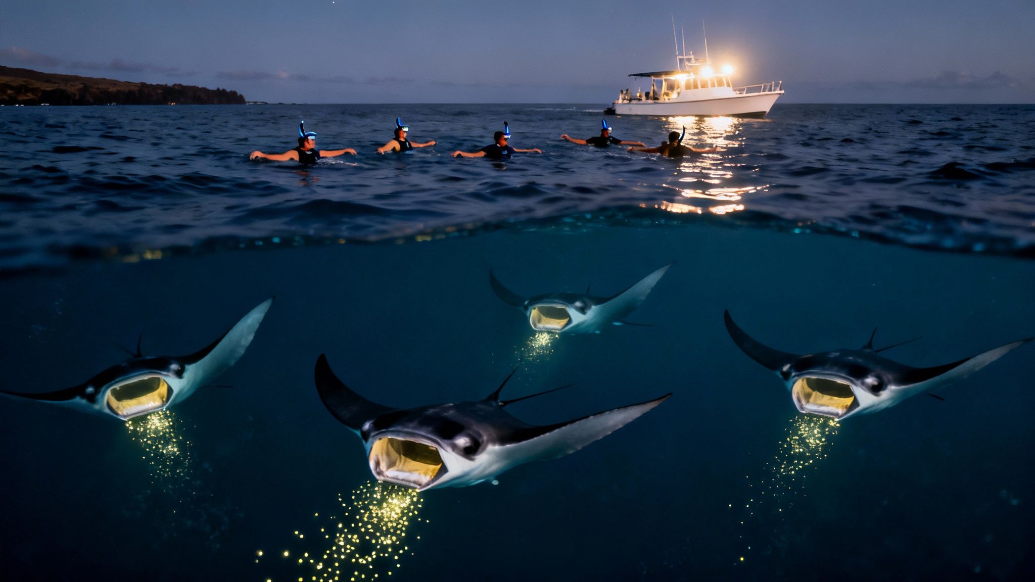 Night snorkelers watch as large manta rays majestically feed on glowing plankton.