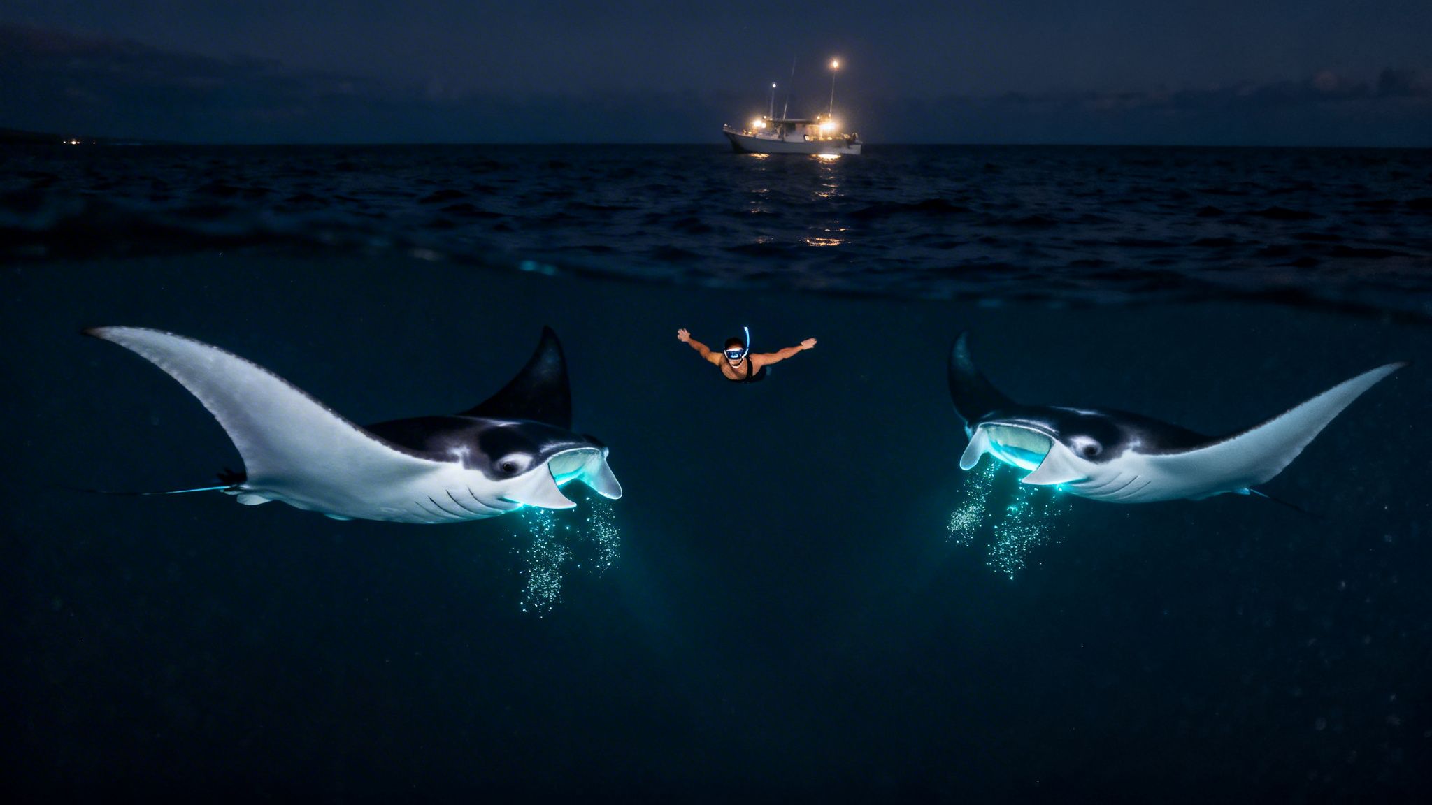 A diver swims between two glowing manta rays at night, with a brightly lit boat on the ocean surface.