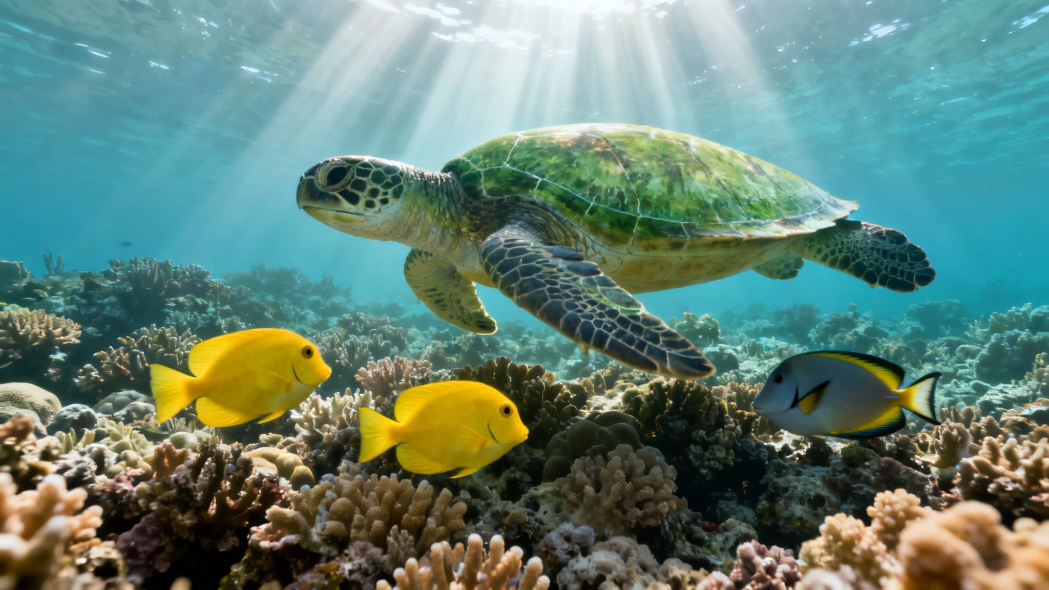 A majestic green sea turtle glides gracefully over a vibrant coral reef with colorful fish.