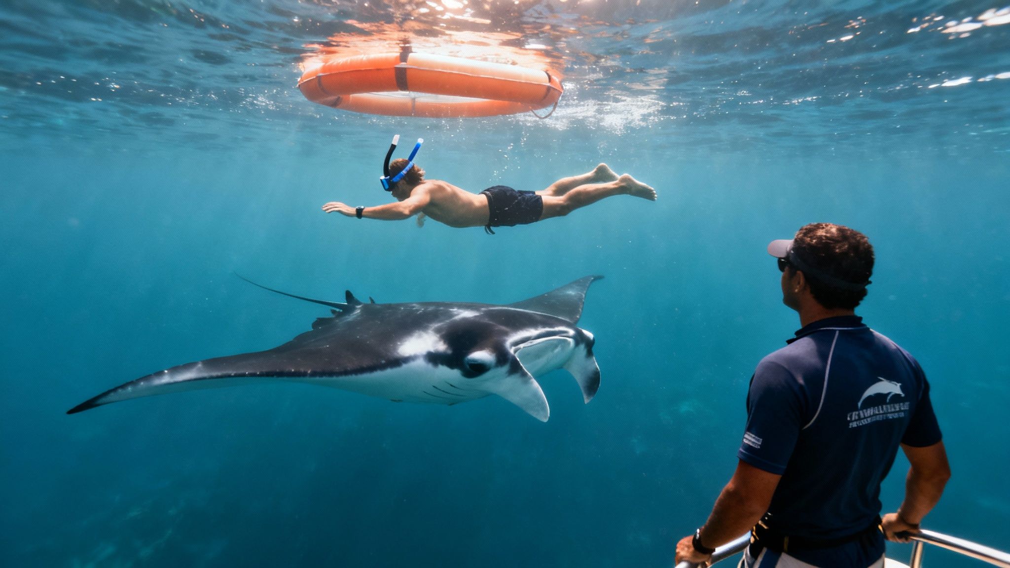 A snorkeler swims alongside a majestic manta ray underwater, observed by a guide from a boat.
