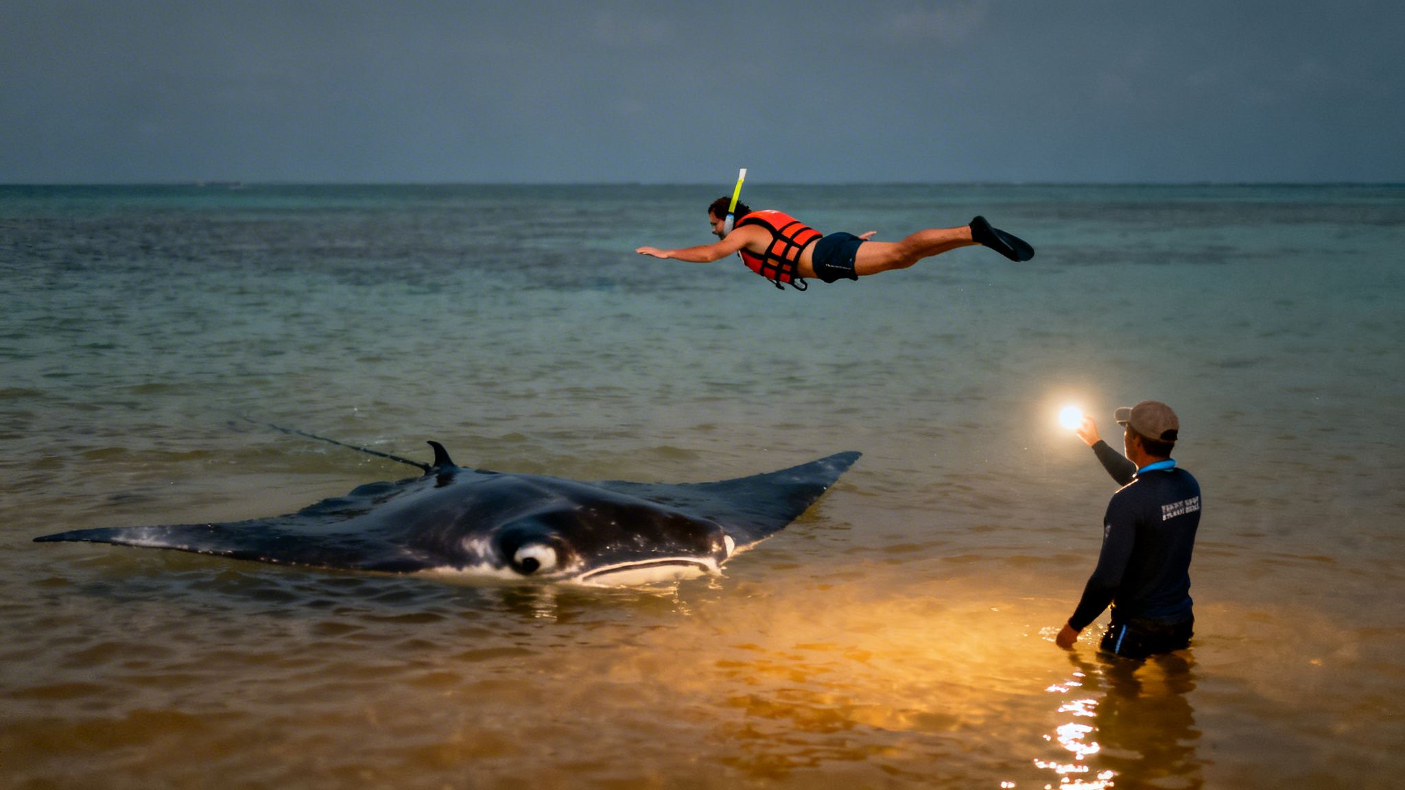 Snorkeler floating above a majestic manta ray, illuminated by a guide in shallow ocean water.