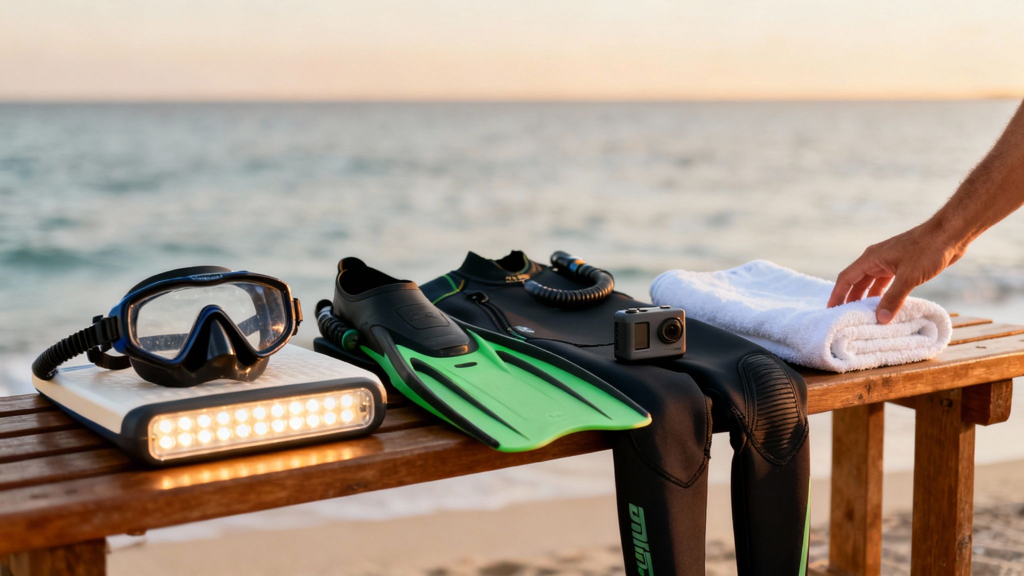 Diving gear including a mask, fins, wetsuit, and action camera laid out on a beach bench.